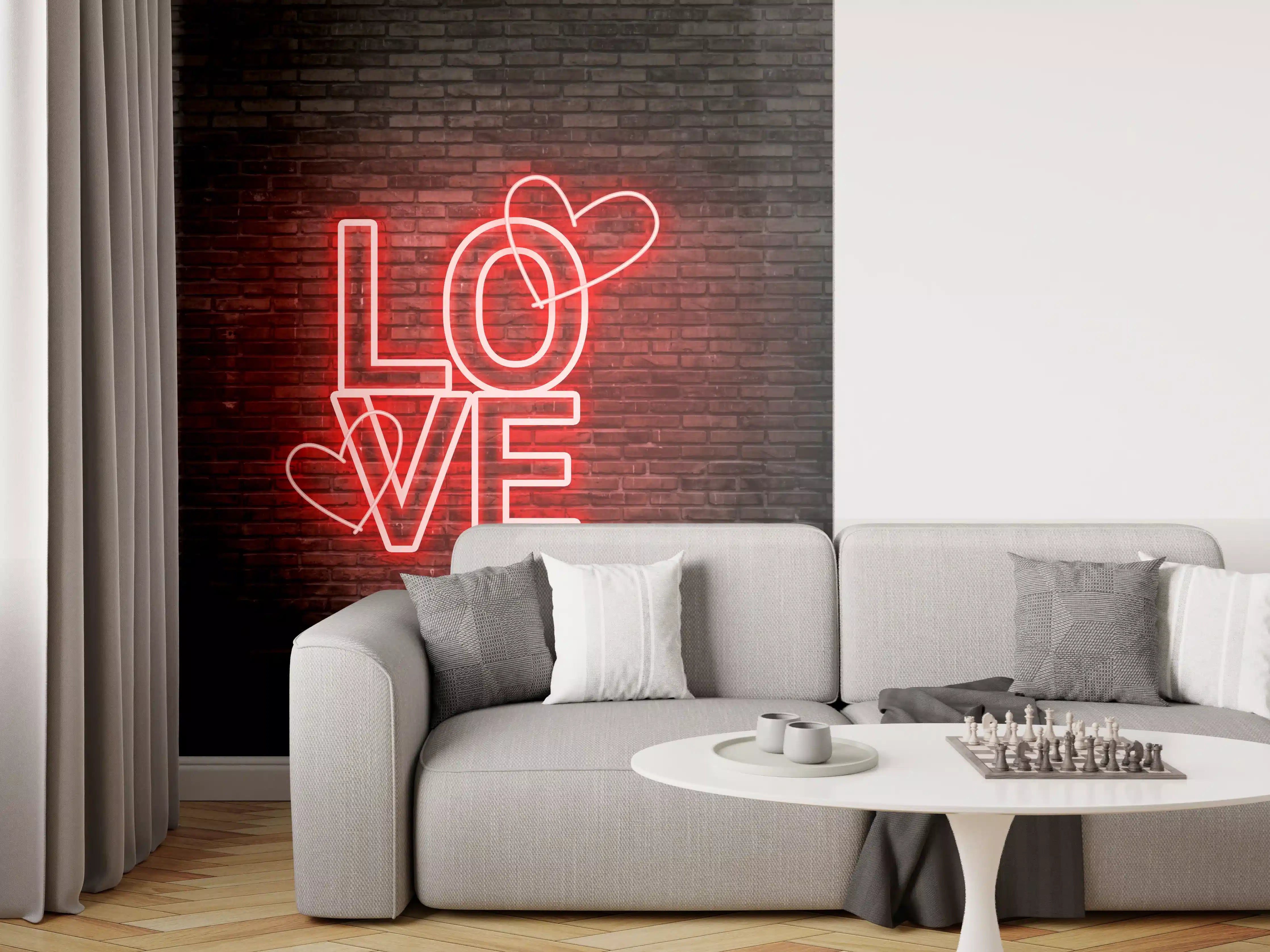 Wandverkleidung Wohnzimmer - Neon Love-Design an Ziegelwand