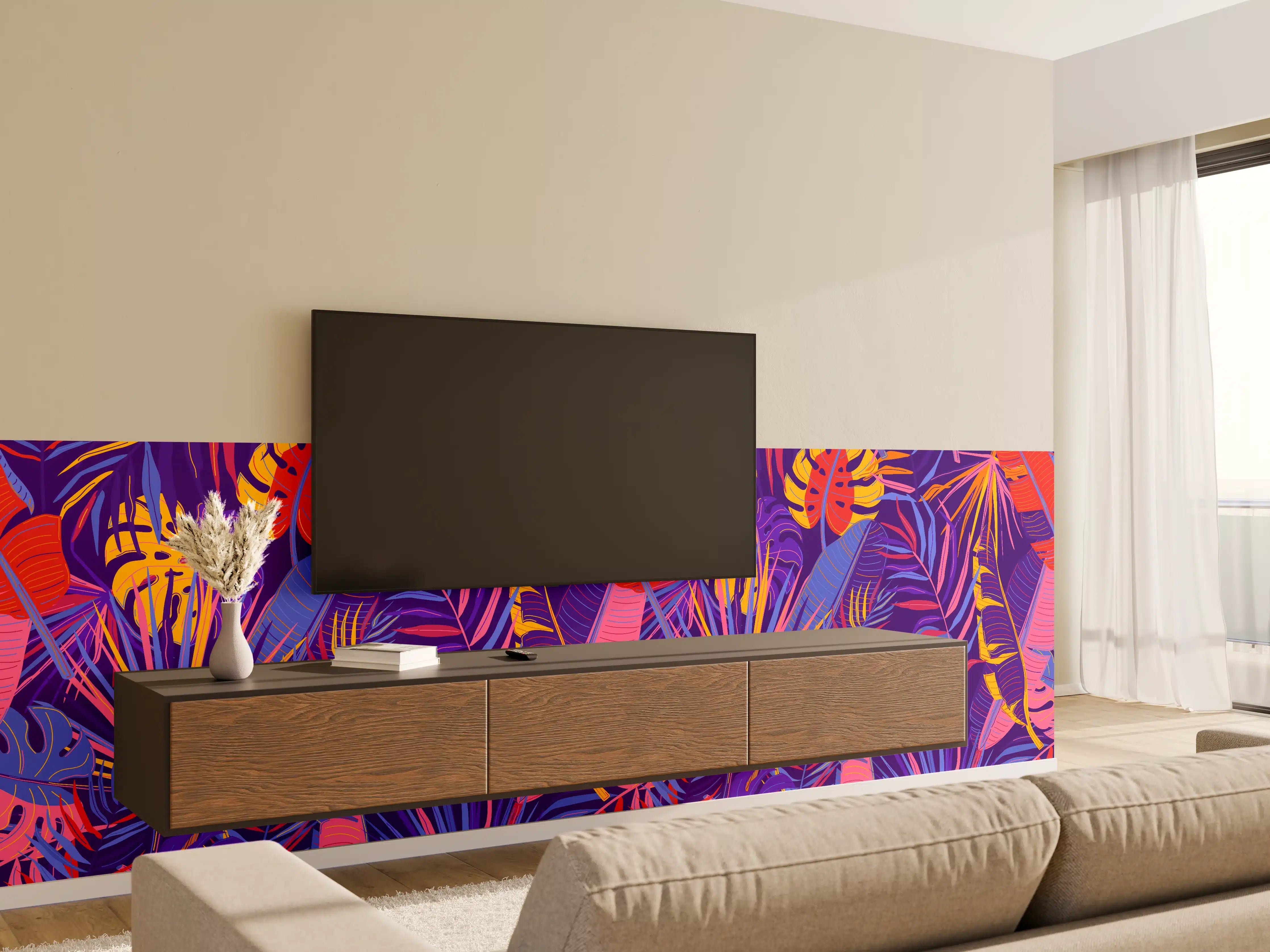 Wandverkleidung Wohnzimmer - Neon Tropenblätter Muster