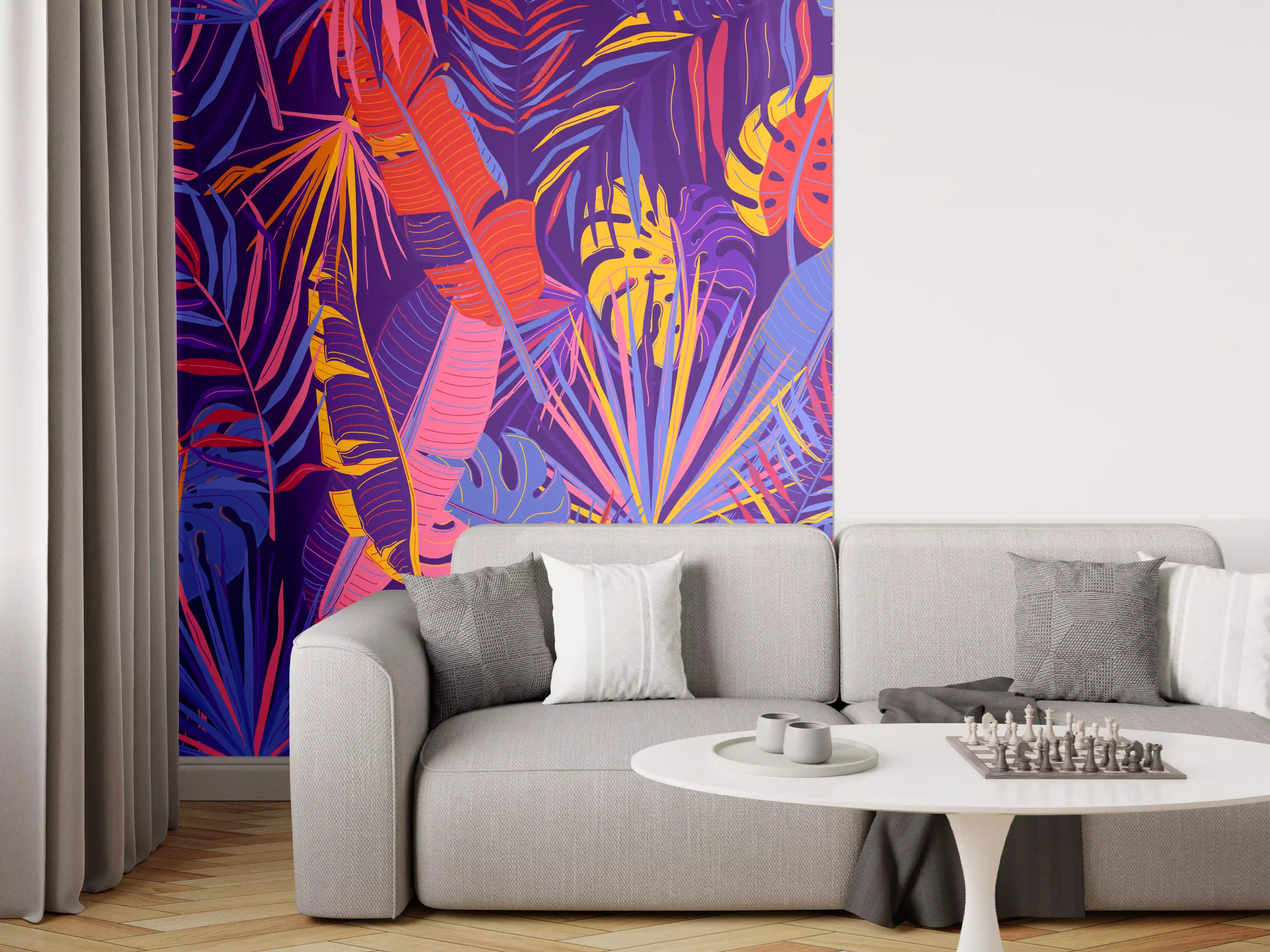 Wandverkleidung Wohnzimmer - Neon Tropenblätter Muster