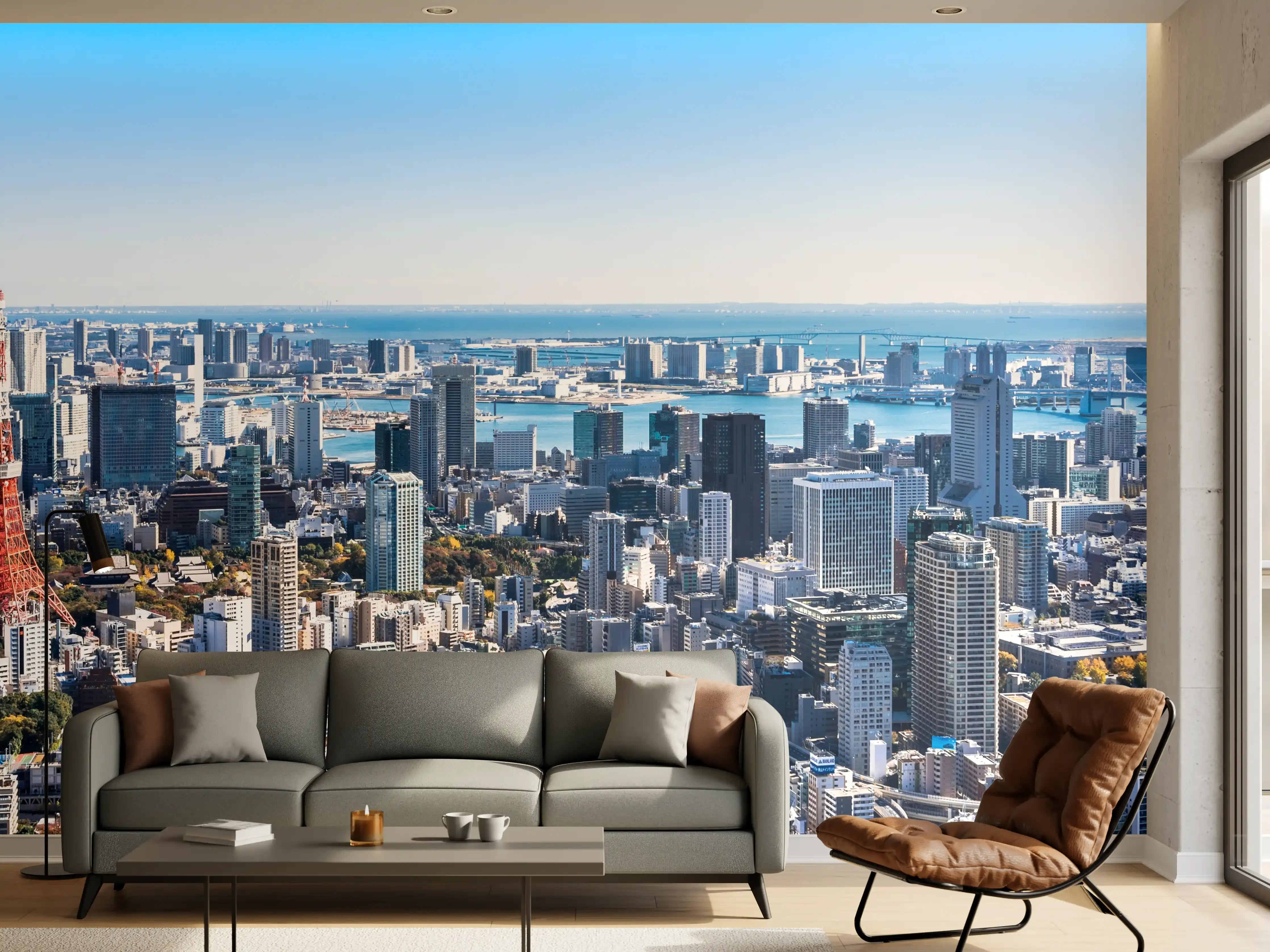 Wandverkleidung Wohnzimmer - Neonlichter in Grautönen über Tokio