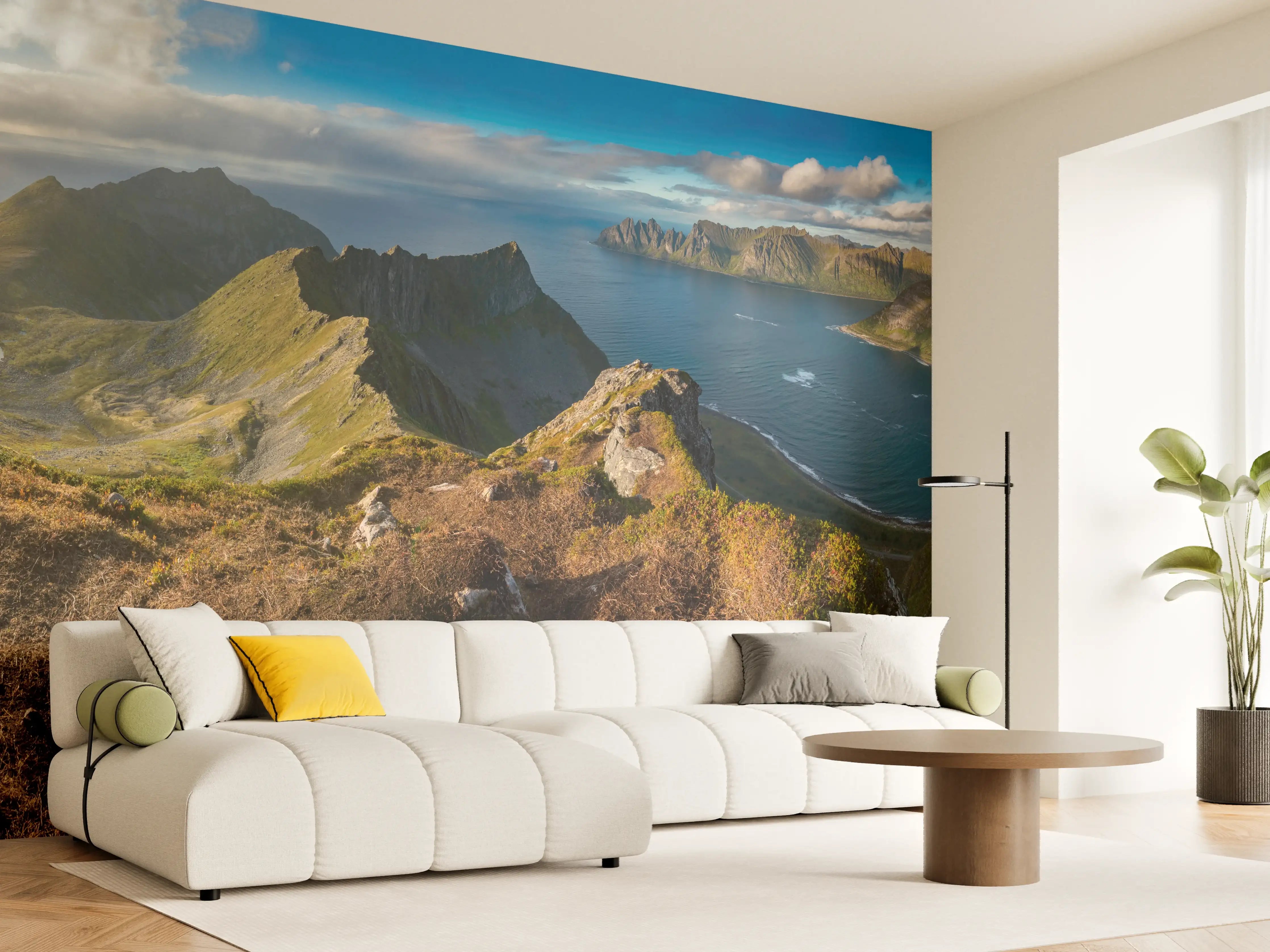 Wandverkleidung Wohnzimmer - Nordisches Küstenpanorama Blau-Grün