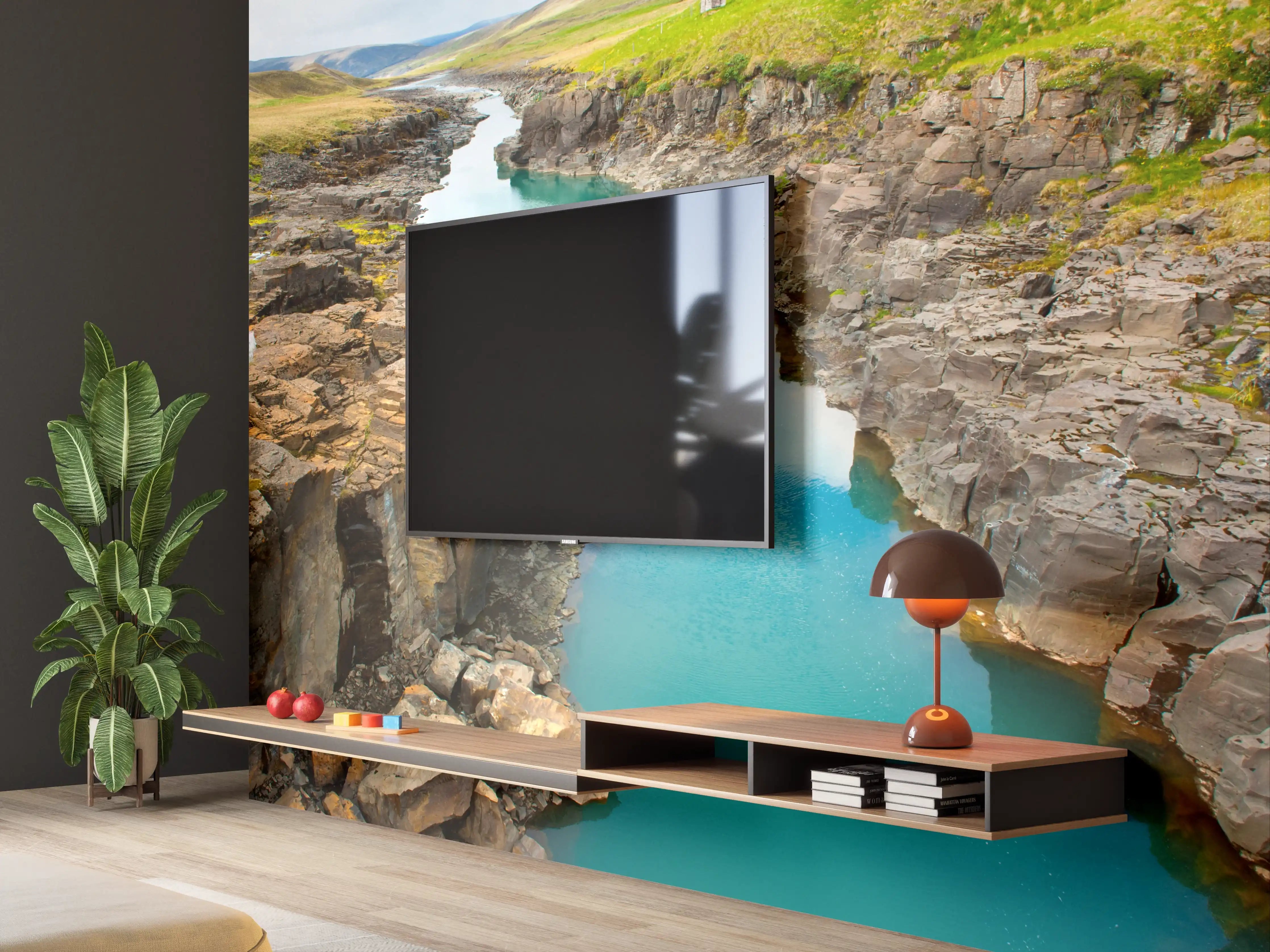 Wandverkleidung Wohnzimmer - Nordliches Flusspanorama mit Klippen