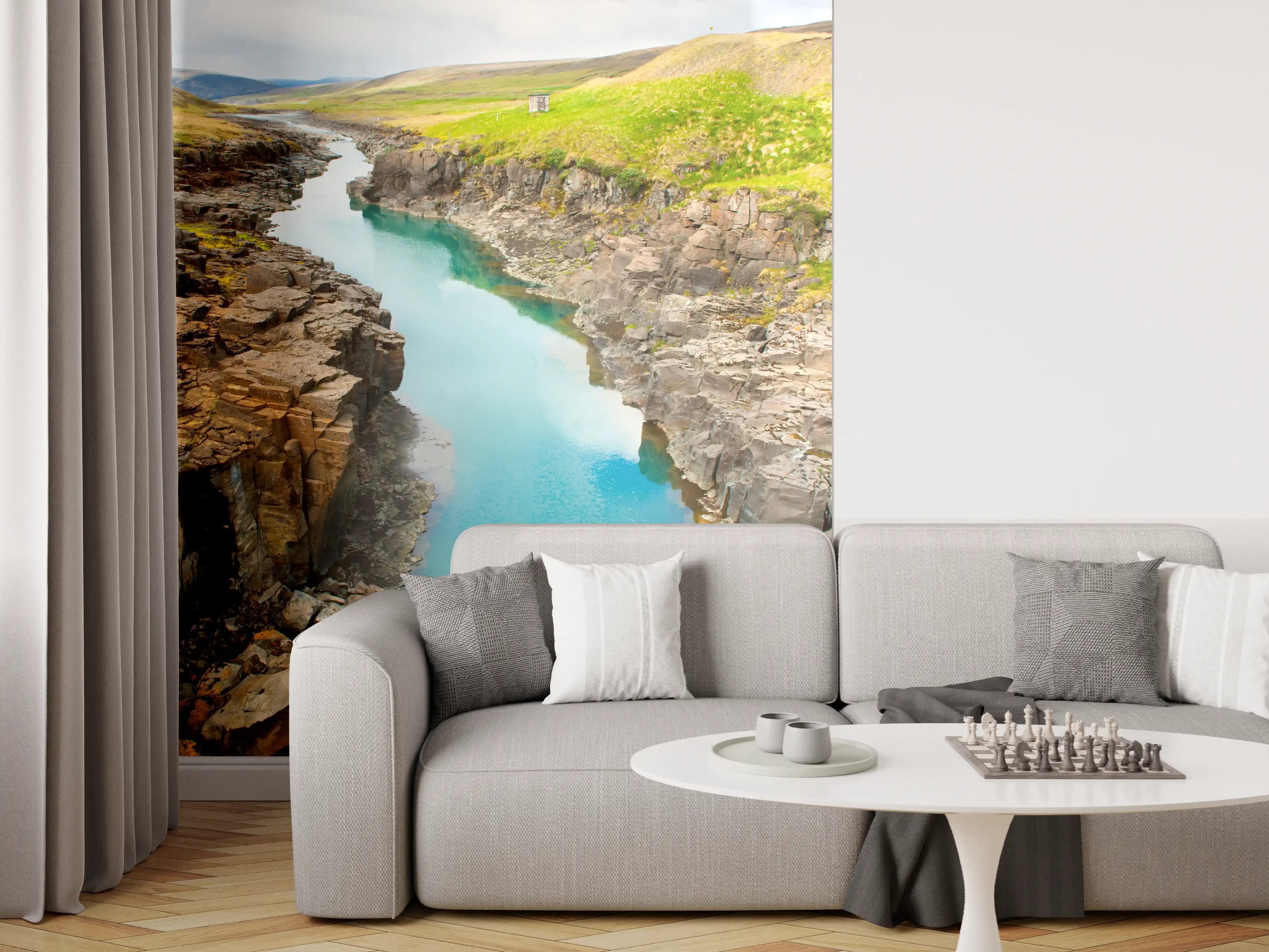 Wandverkleidung Wohnzimmer - Nordliches Flusspanorama mit Klippen