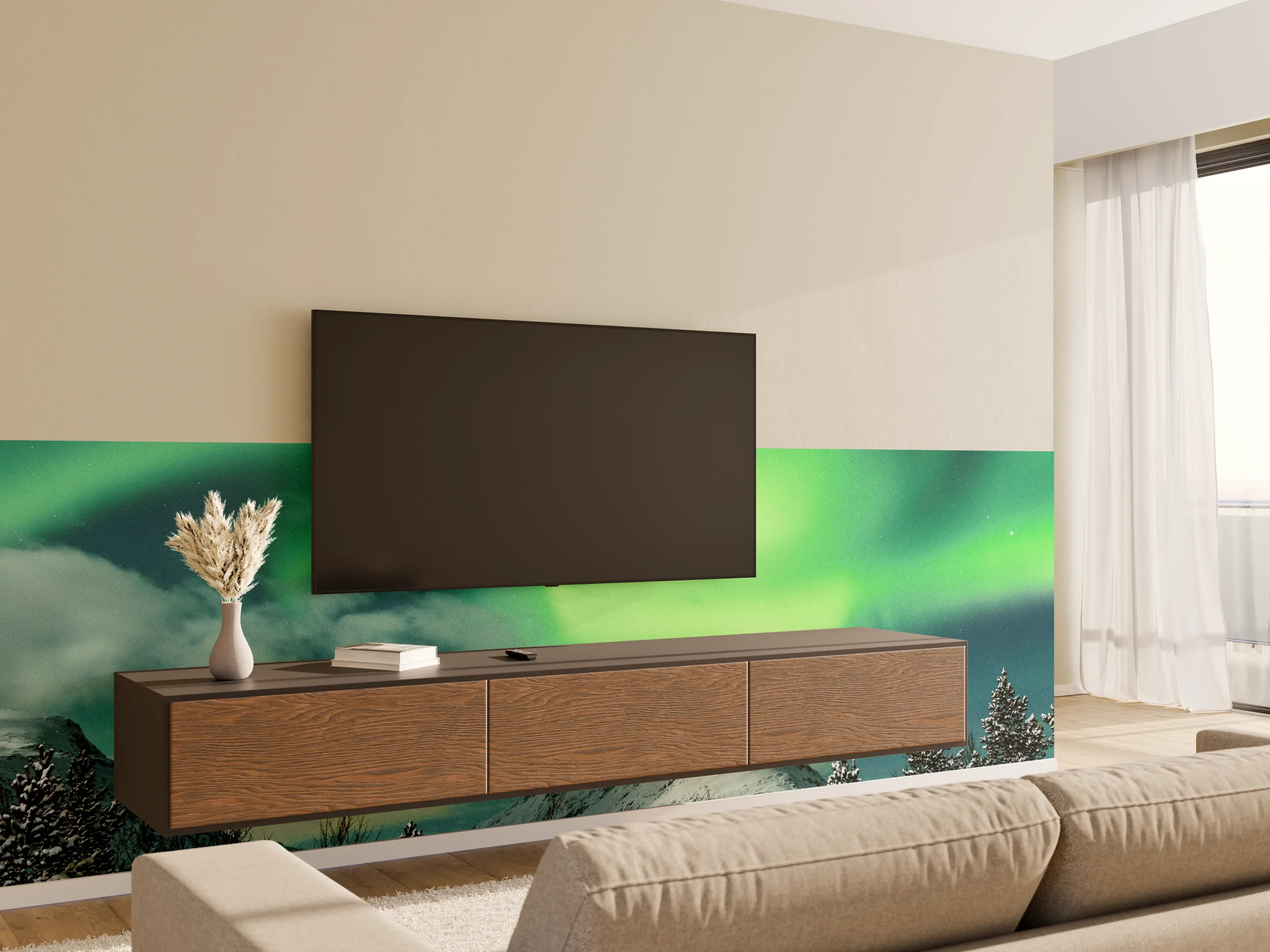 Wandverkleidung Wohnzimmer - Nordlicht über verschneitem Berg