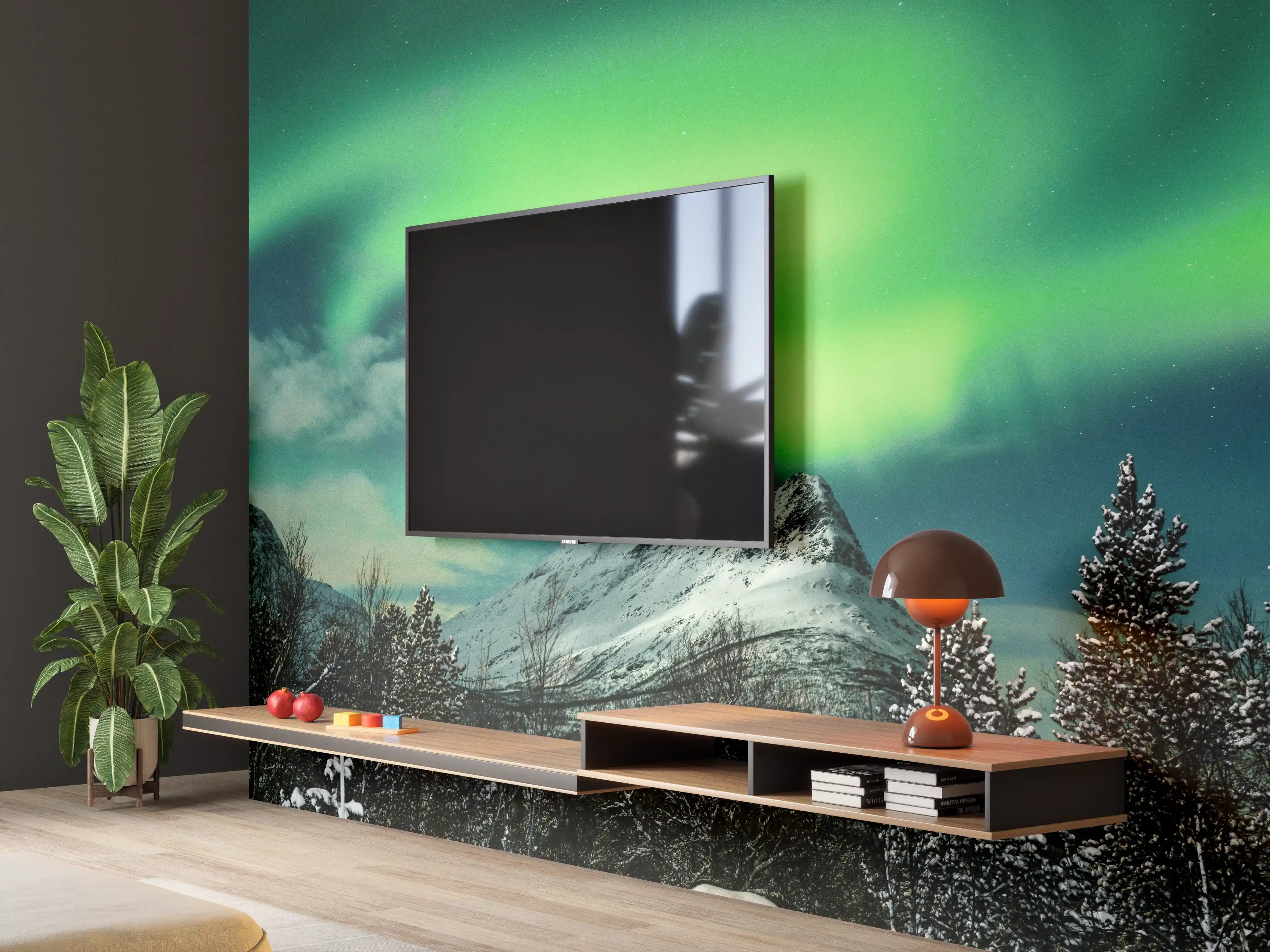 Wandverkleidung Wohnzimmer - Nordlicht über verschneitem Berg