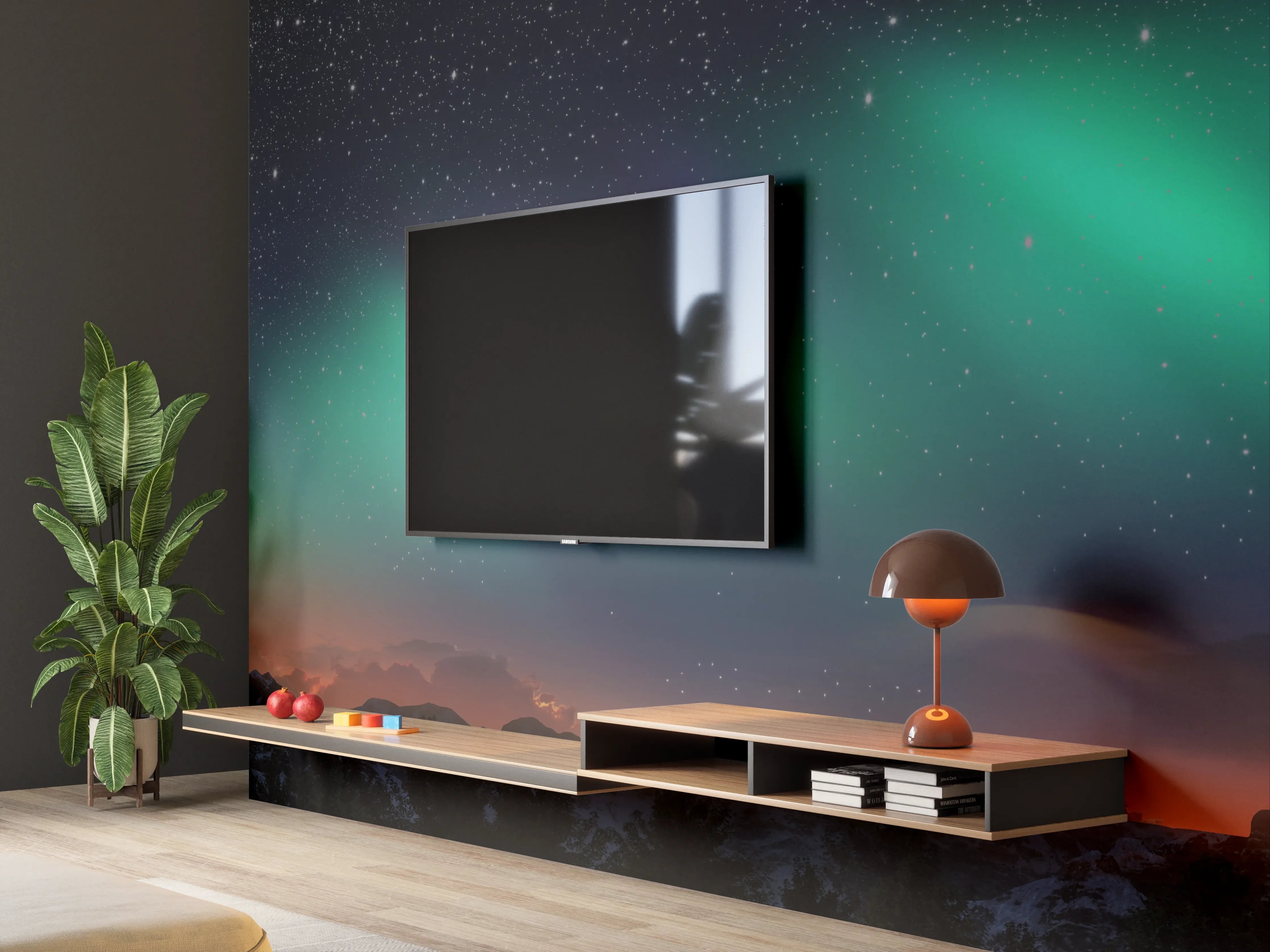 Wandverkleidung Wohnzimmer - Nordlichter über Berglandschaft bei Nacht