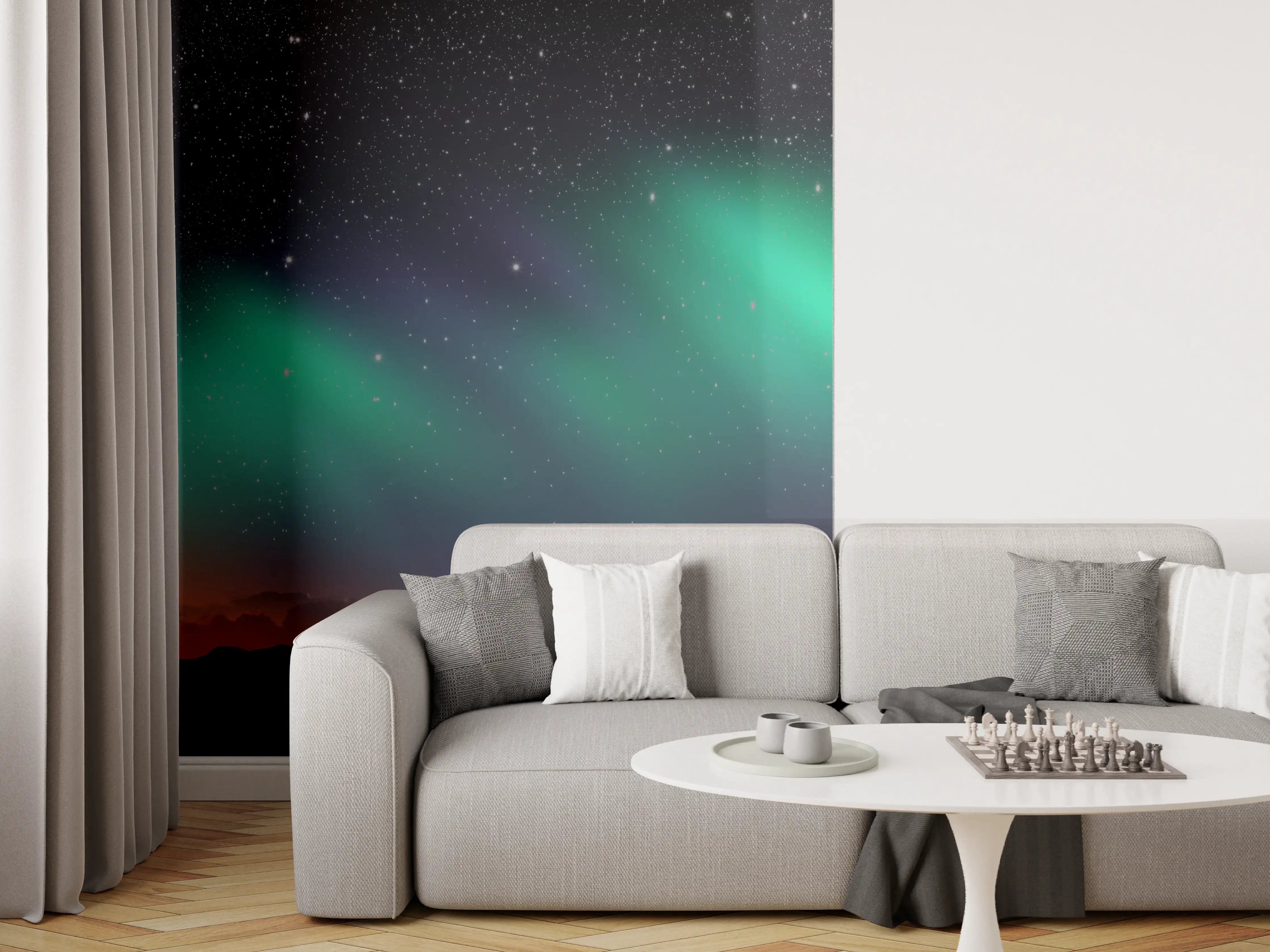 Wandverkleidung Wohnzimmer - Nordlichter über Berglandschaft bei Nacht