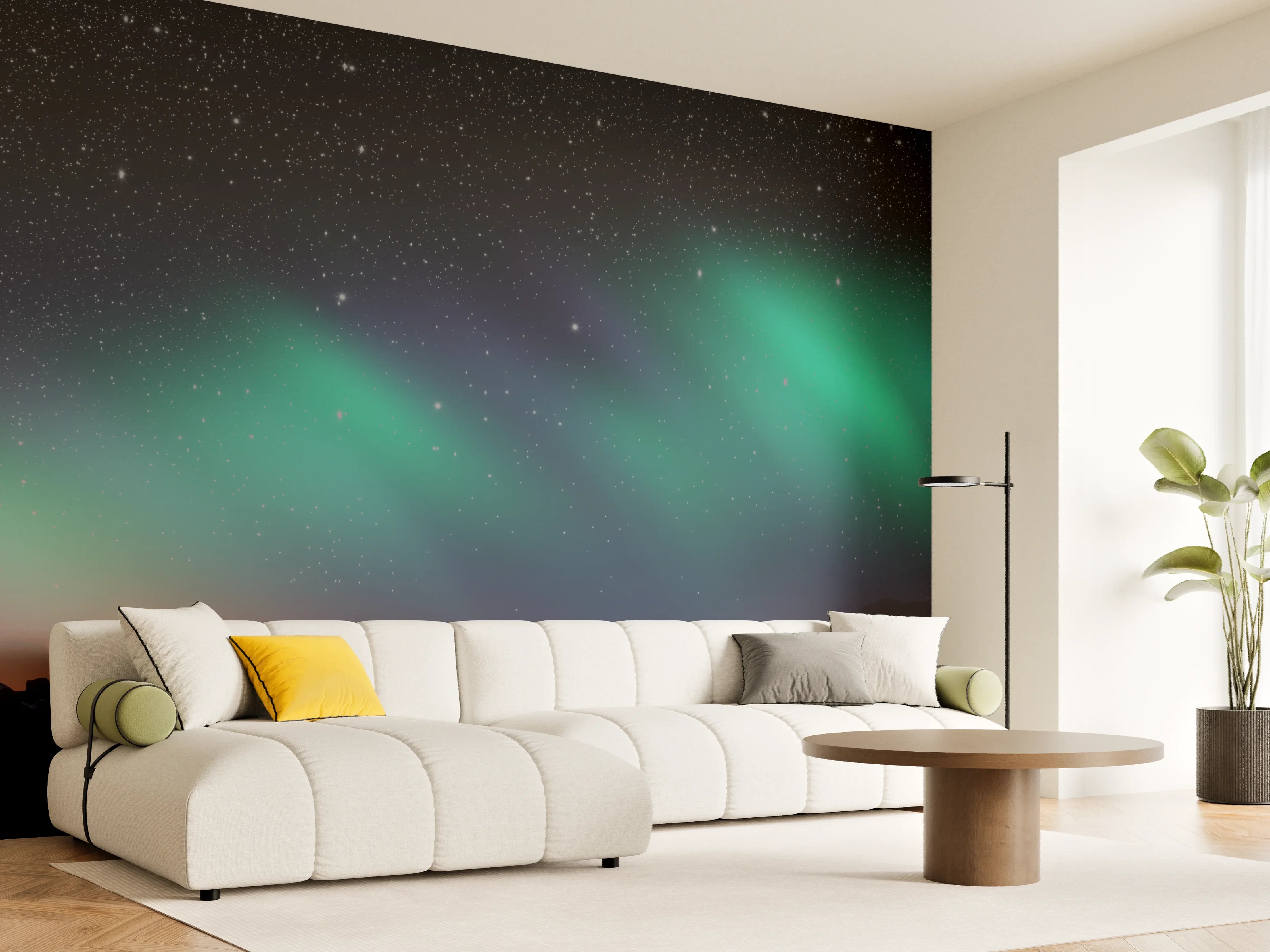 Wandverkleidung Wohnzimmer - Nordlichter über Berglandschaft bei Nacht