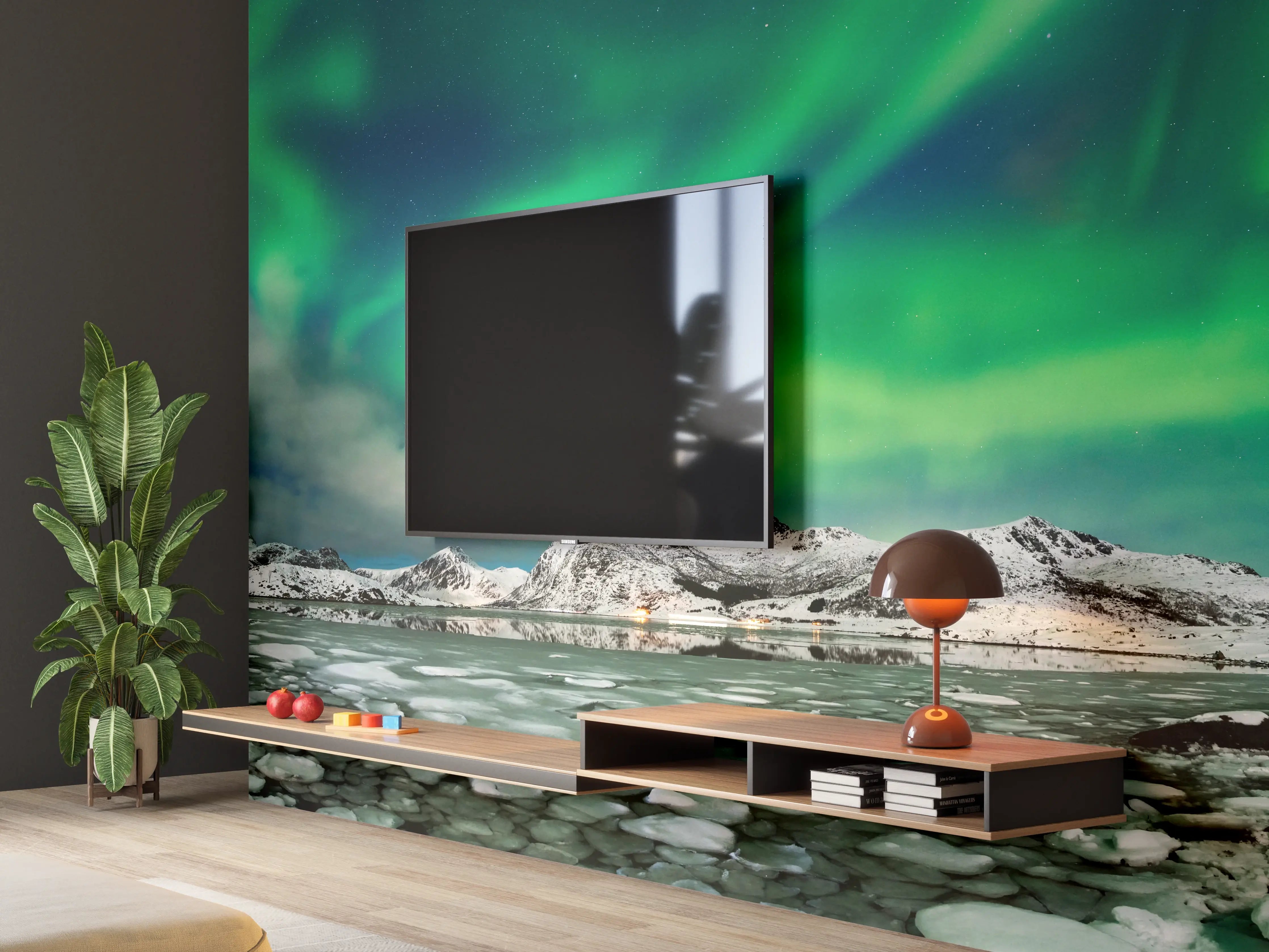 Wandverkleidung Wohnzimmer - Nordlichter über arktischer Küste