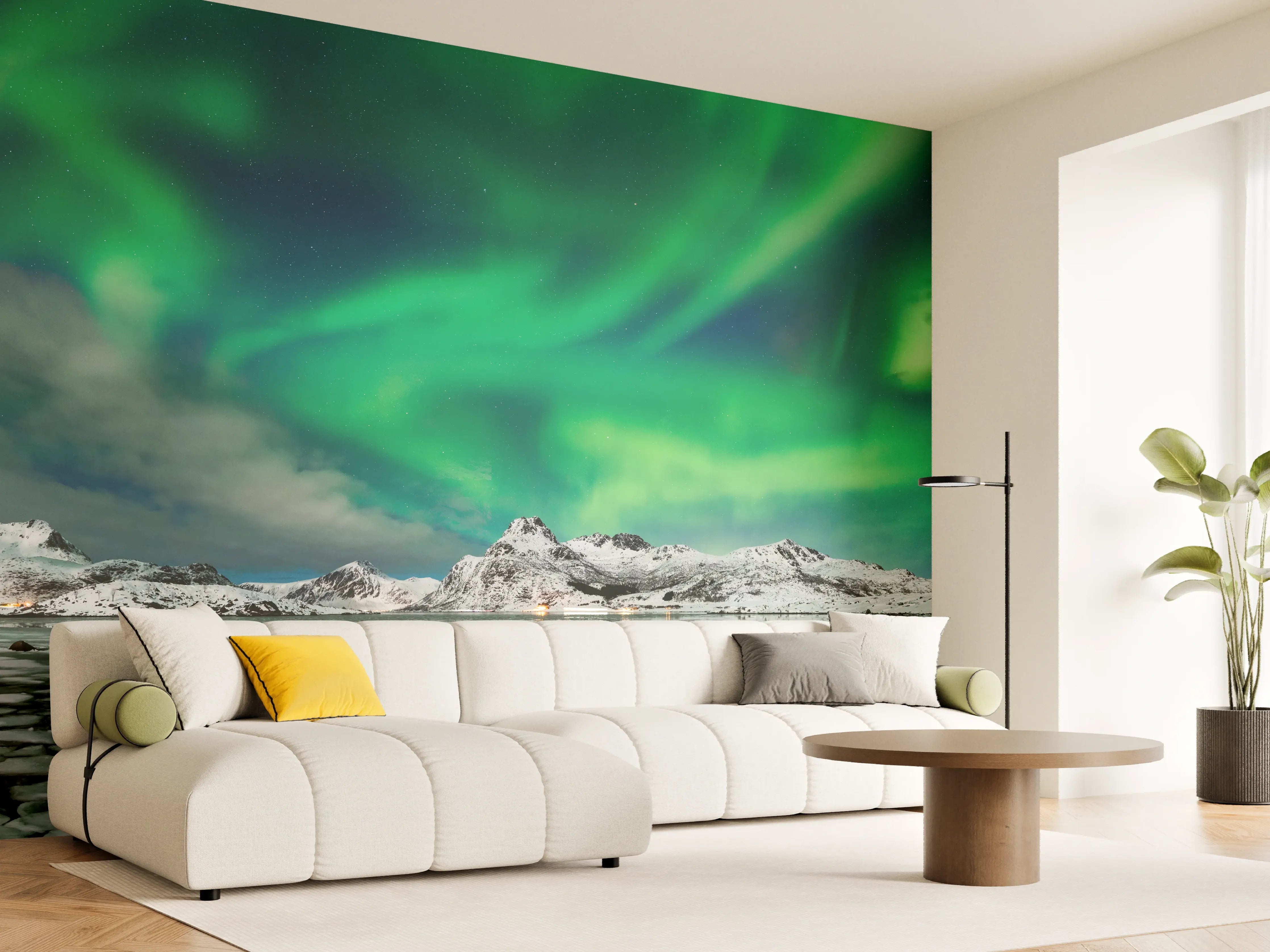 Wandverkleidung Wohnzimmer - Nordlichter über arktischer Küste