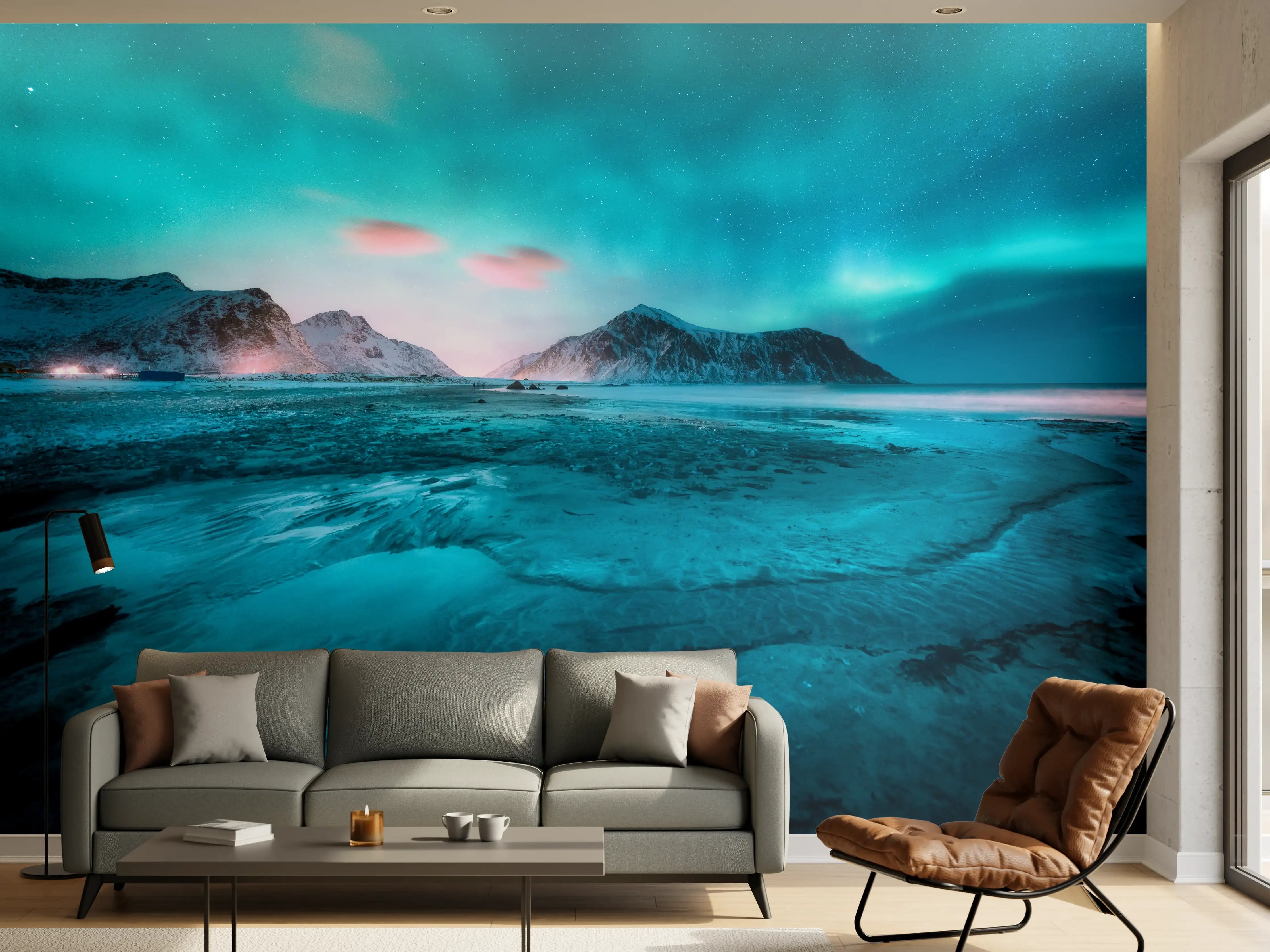 Wandverkleidung Wohnzimmer - Nordlichter über eisbedecktem Strand