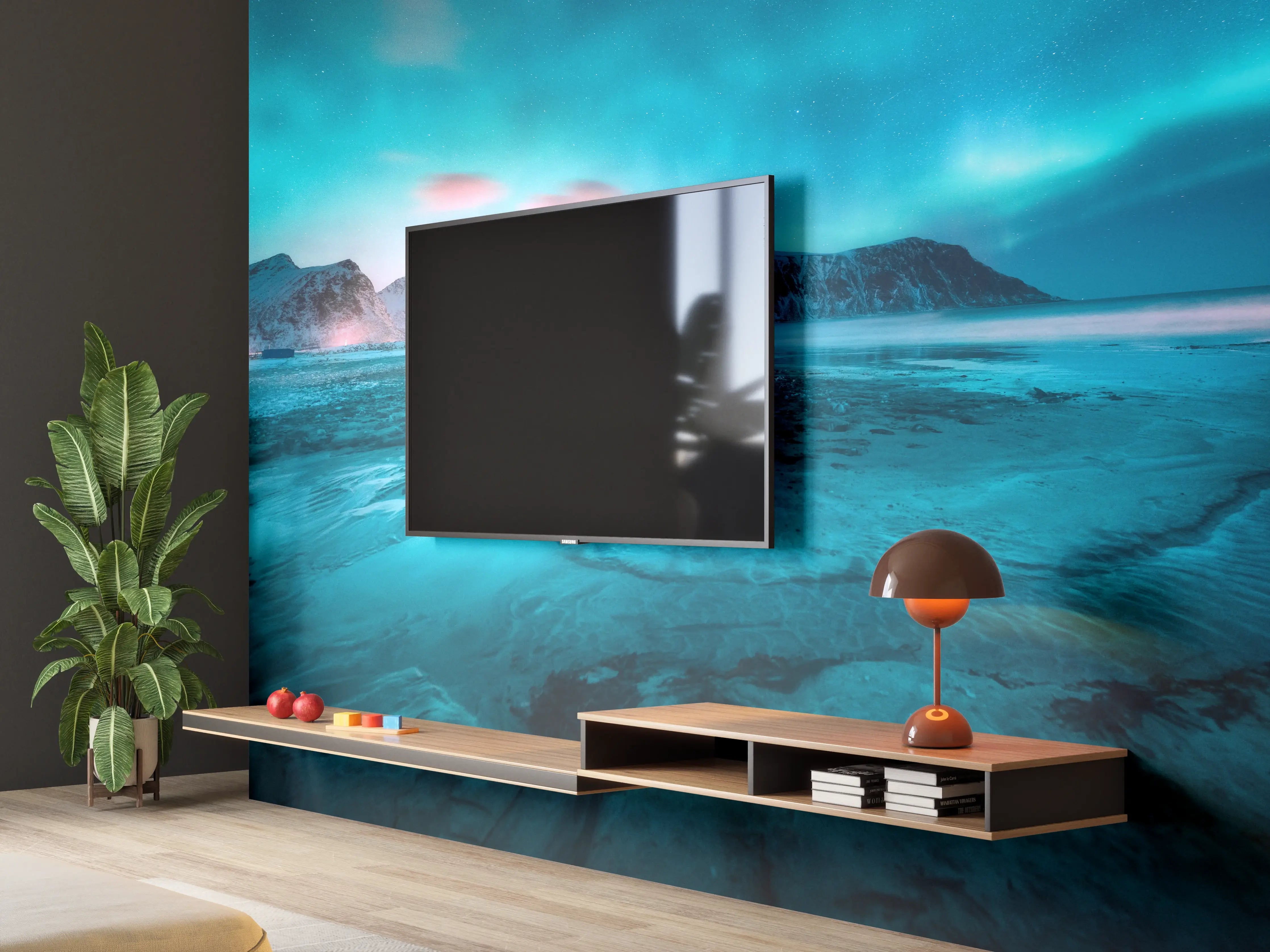Wandverkleidung Wohnzimmer - Nordlichter über eisbedecktem Strand