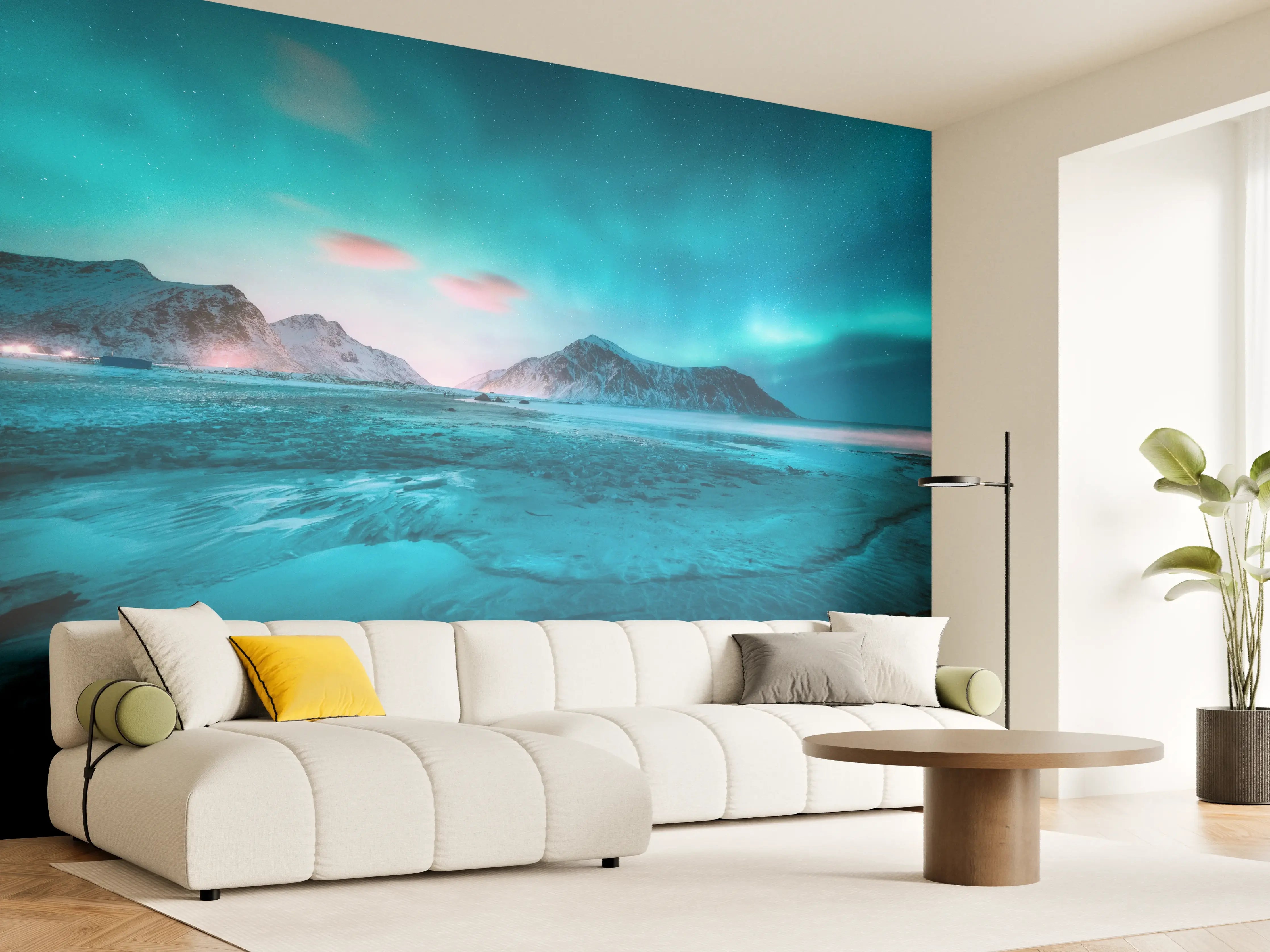 Wandverkleidung Wohnzimmer - Nordlichter über eisbedecktem Strand