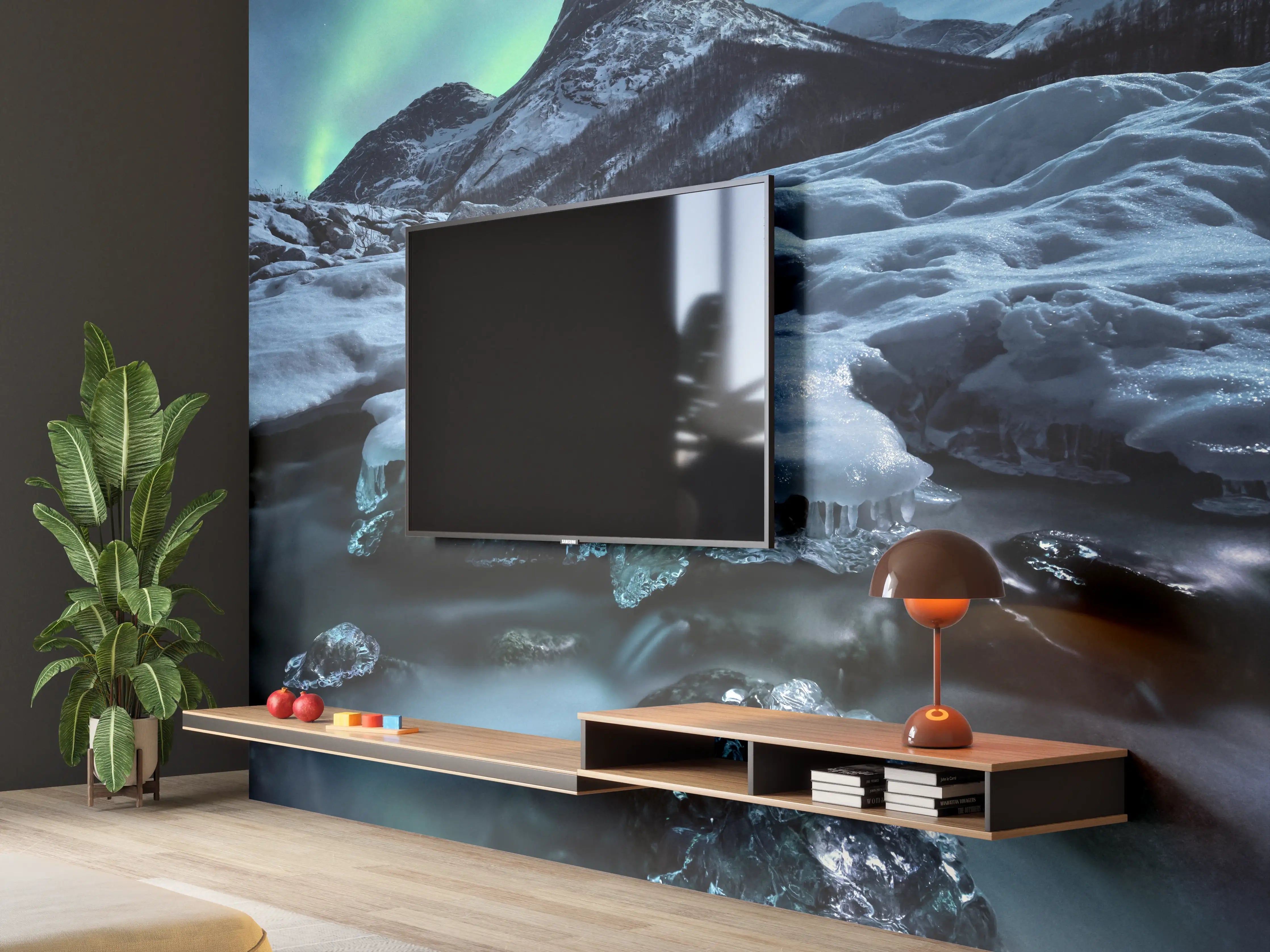 Wandverkleidung Wohnzimmer - Nordlichter über schneebedeckter Berglandschaft