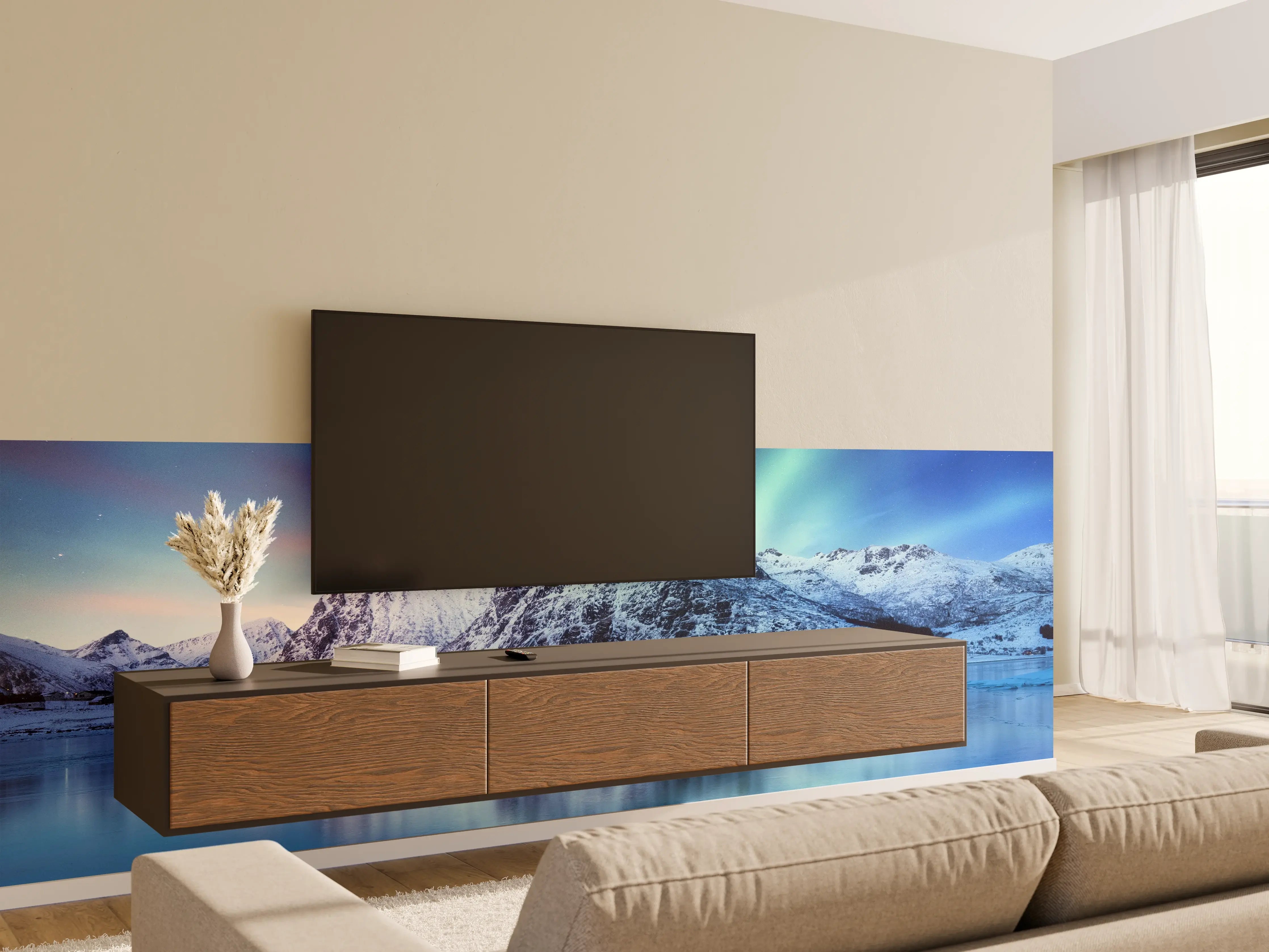 Wandverkleidung Wohnzimmer - Nordlichter über verschneitem Berg