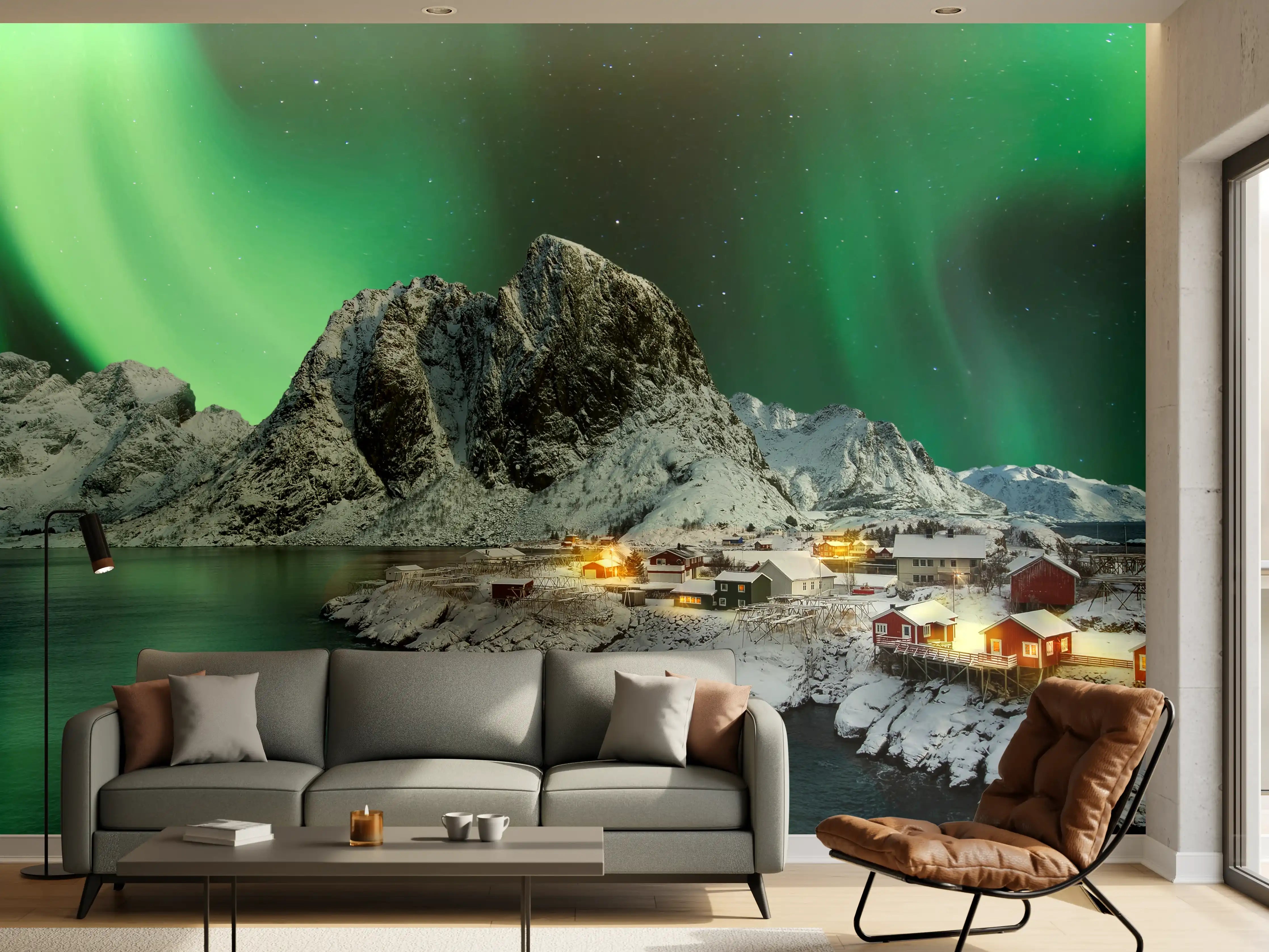 Wandverkleidung Wohnzimmer - Nordlichter über verschneitem Dorf