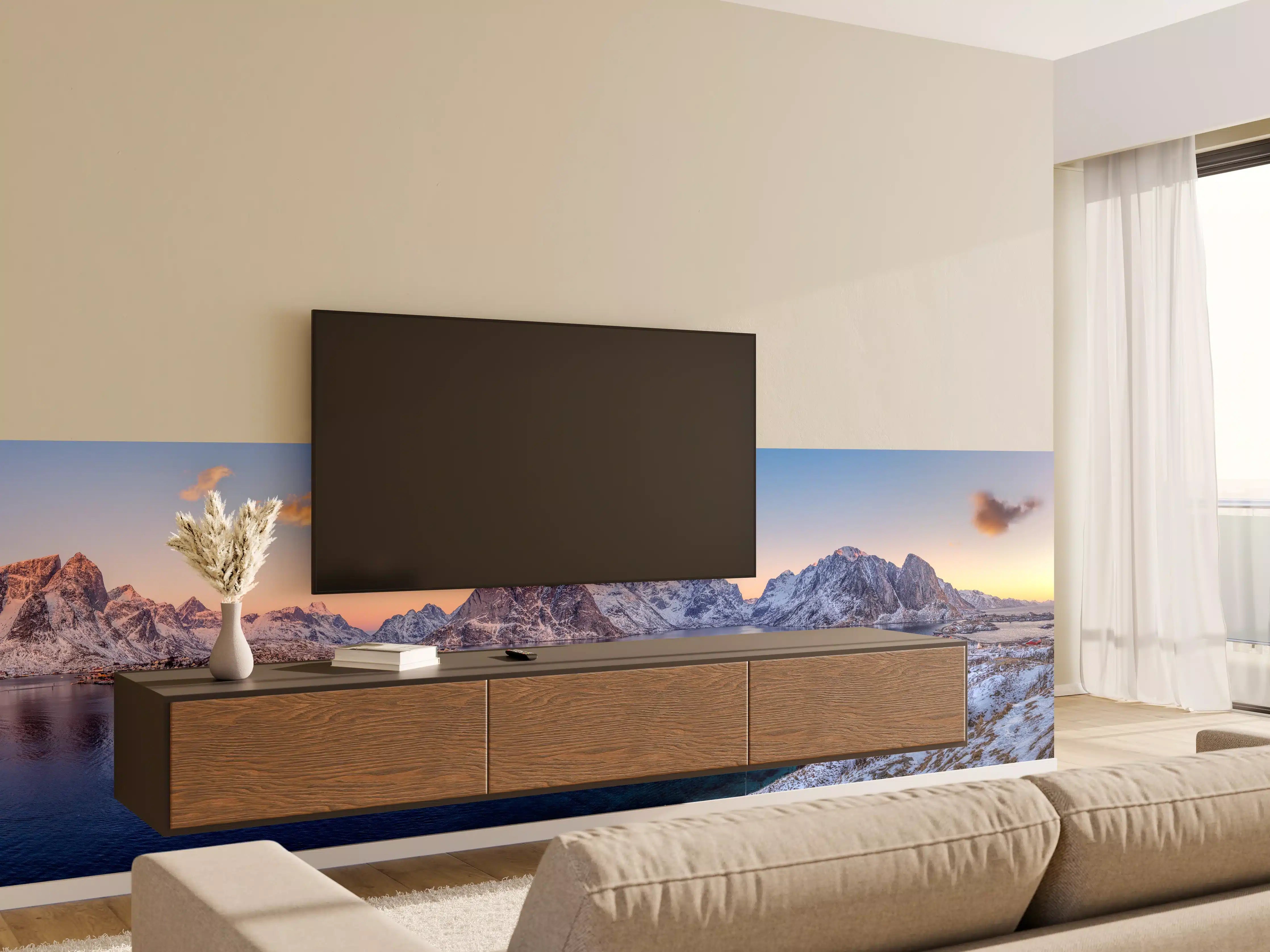 Wandverkleidung Wohnzimmer - Norwegen Fjord Panorama Blau-Weiß