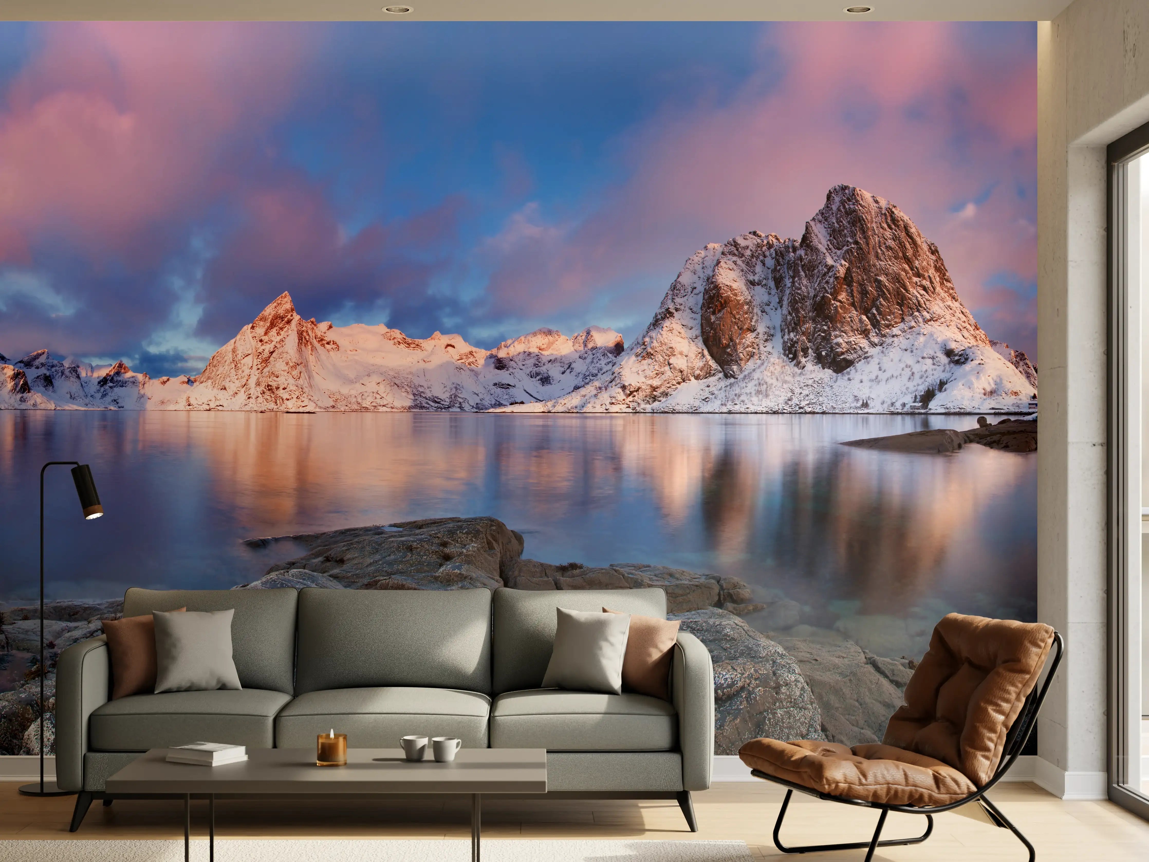 Wandverkleidung Wohnzimmer - Norwegische Küste Blau-Rosa