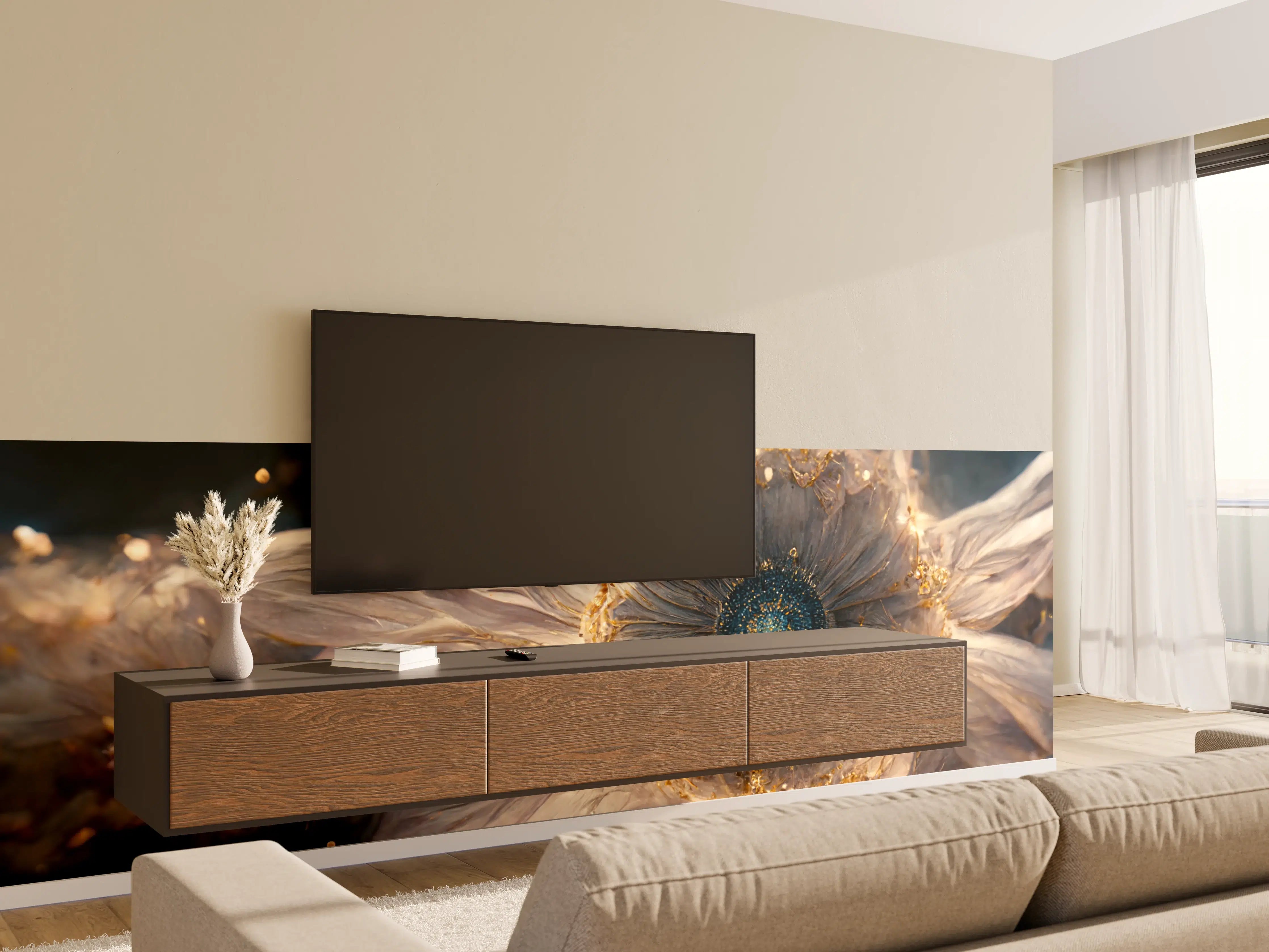Wandverkleidung Wohnzimmer - Öl-ähnliche Blume mit goldenen Akzenten