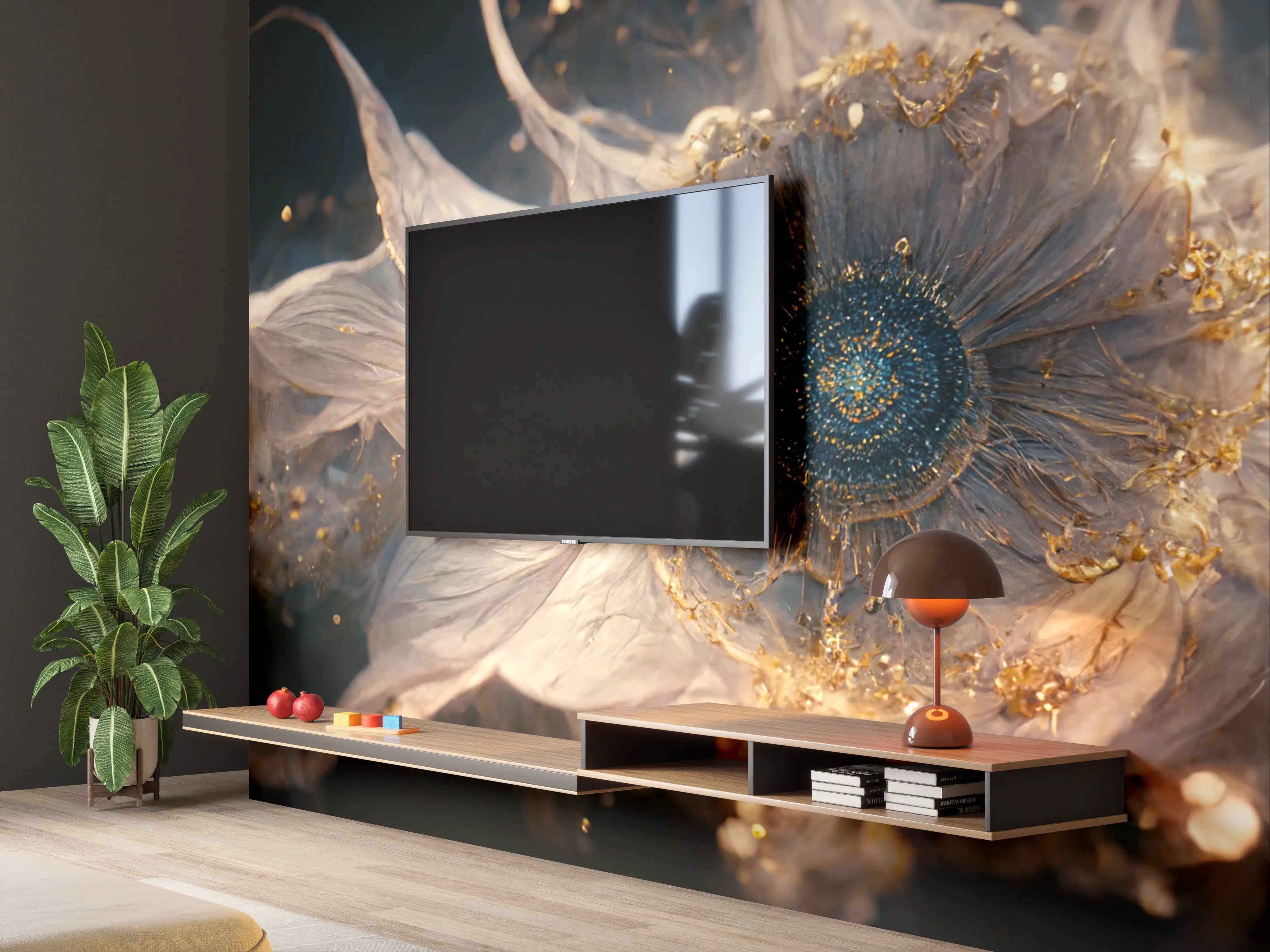 Wandverkleidung Wohnzimmer - Öl-ähnliche Blume mit goldenen Akzenten