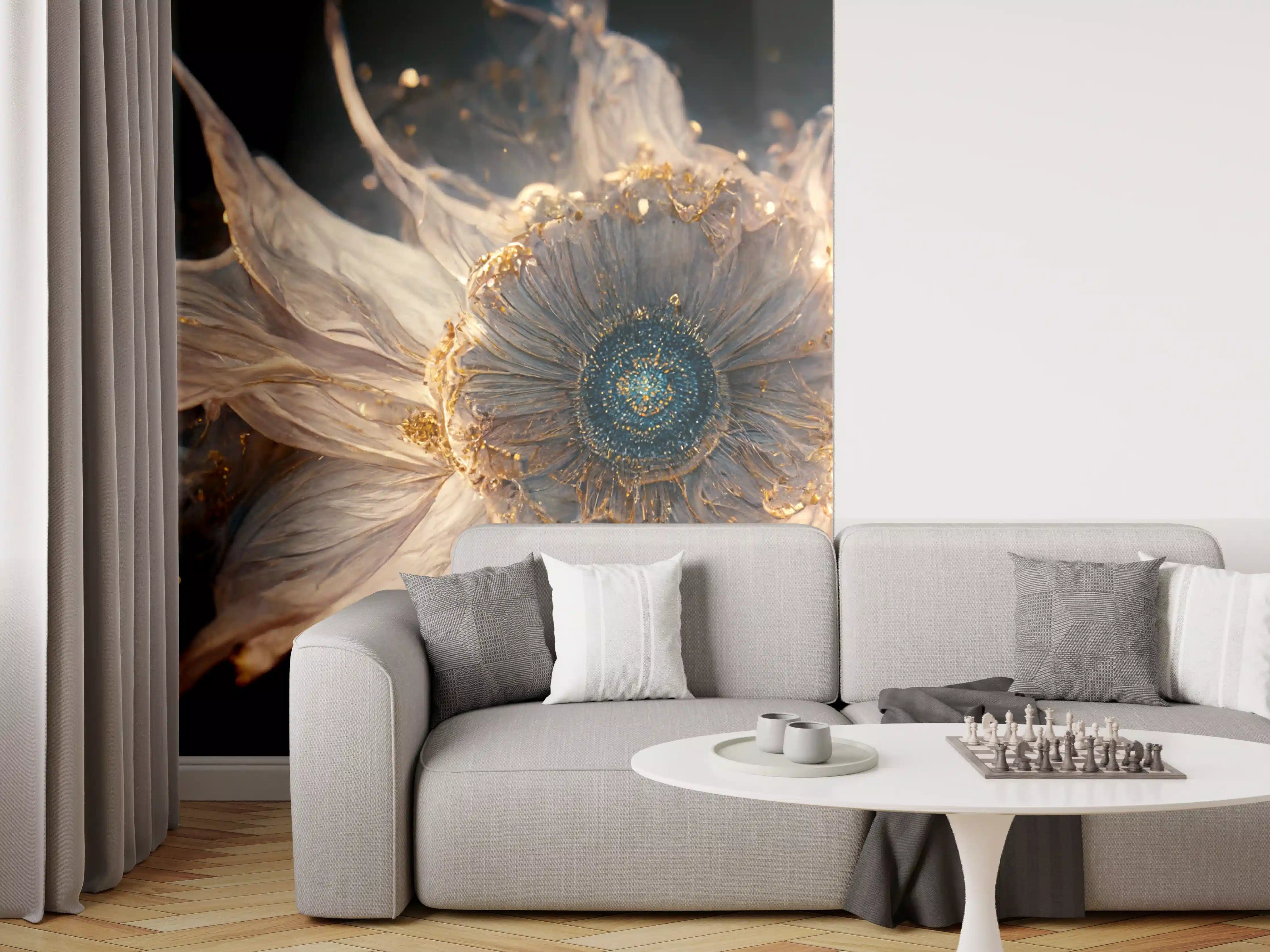 Wandverkleidung Wohnzimmer - Öl-ähnliche Blume mit goldenen Akzenten