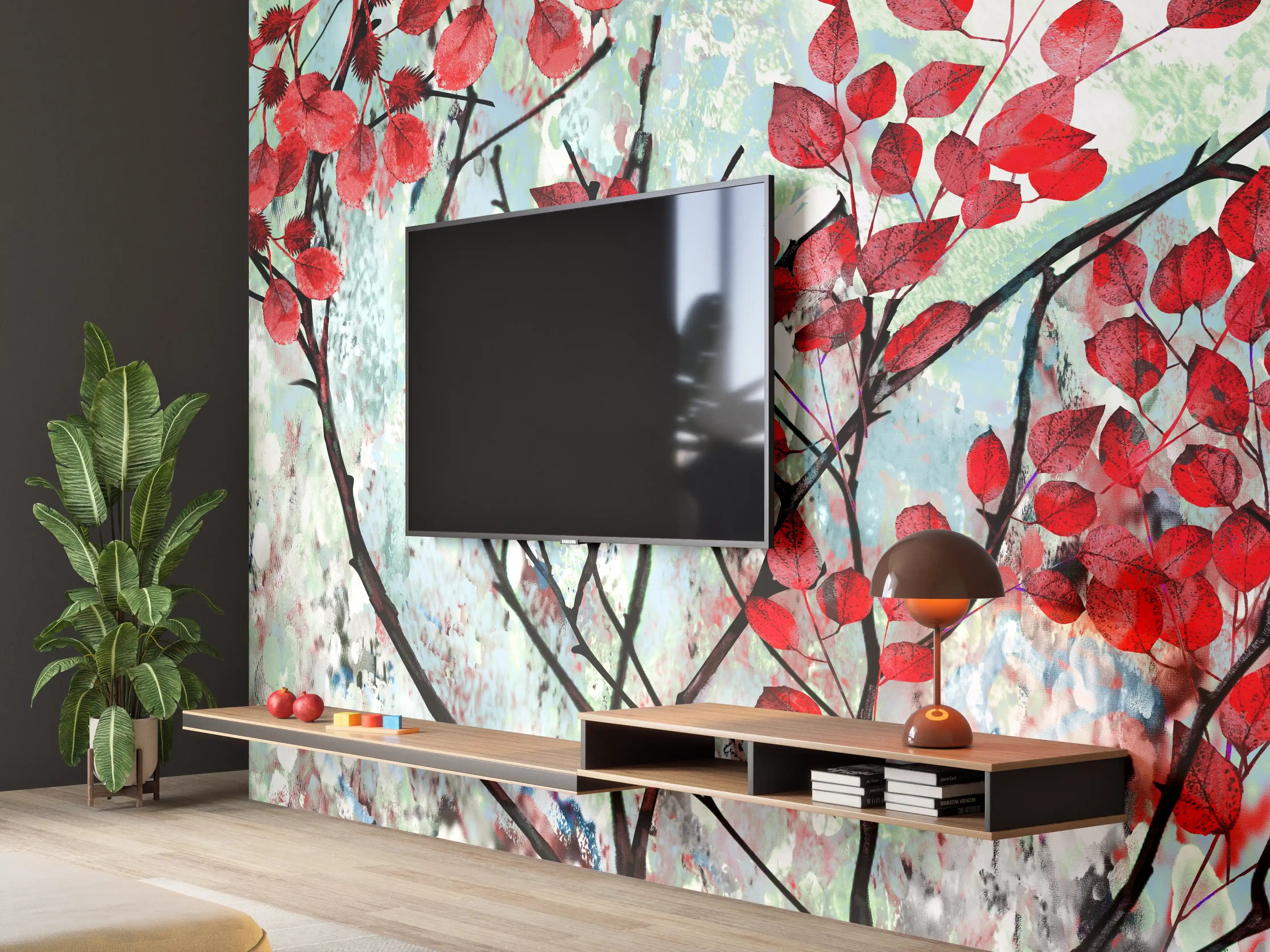Wandverkleidung Wohnzimmer - Ölmalerei von roten Blättern im Frühling