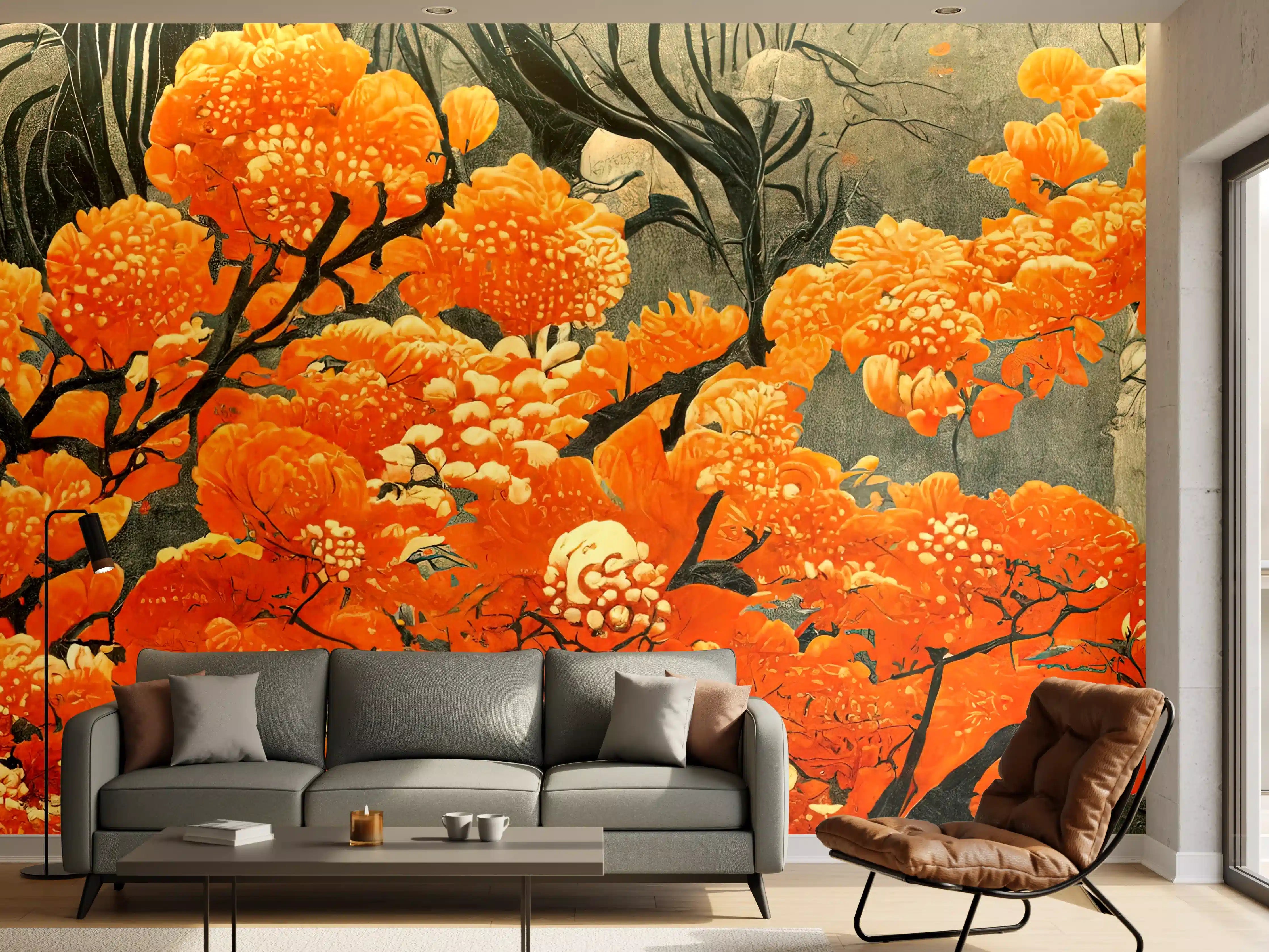 Wandverkleidung Wohnzimmer - Orange Cloudberries in Kunstvoller Malerei