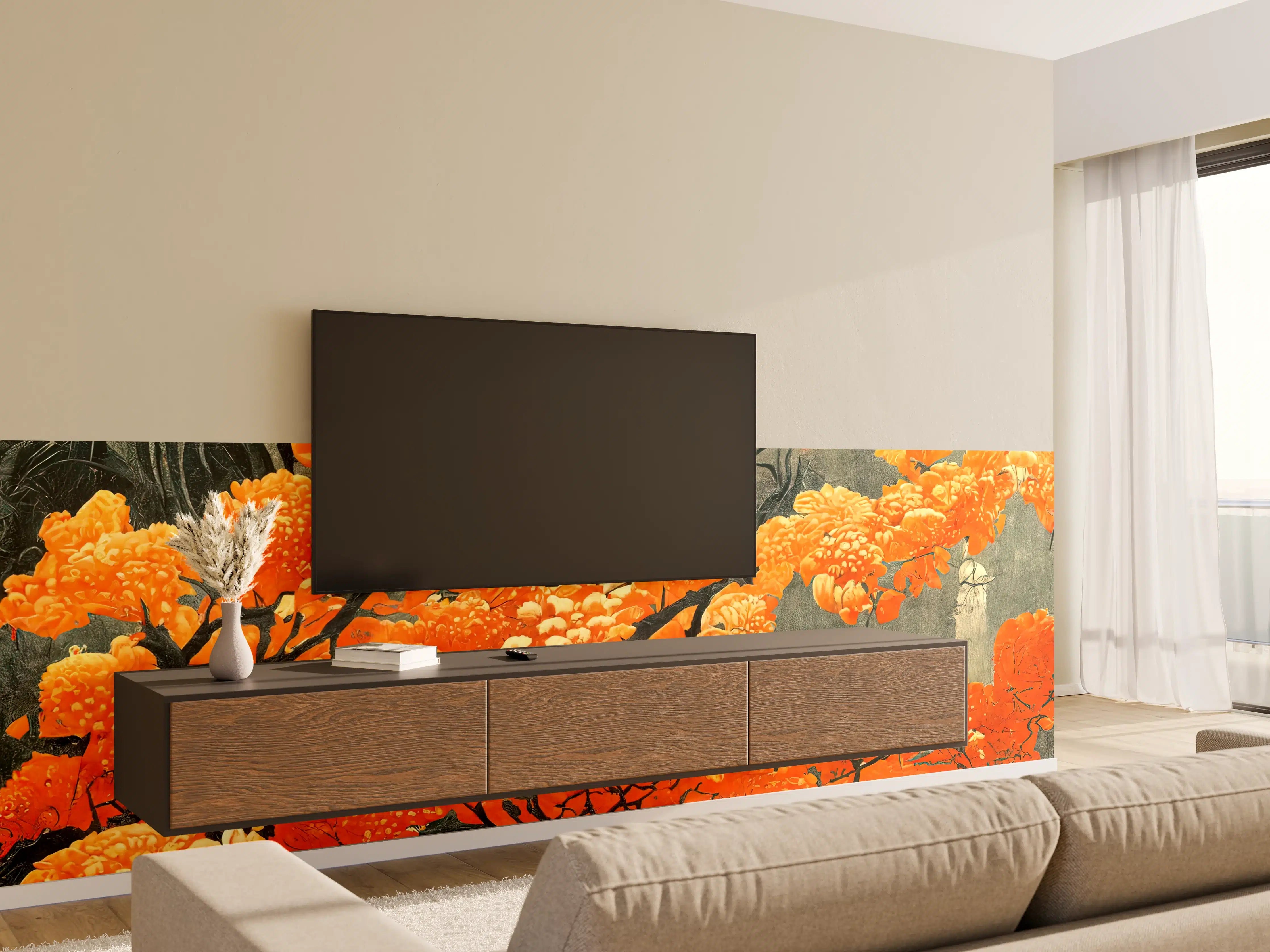 Wandverkleidung Wohnzimmer - Orange Cloudberries in Kunstvoller Malerei
