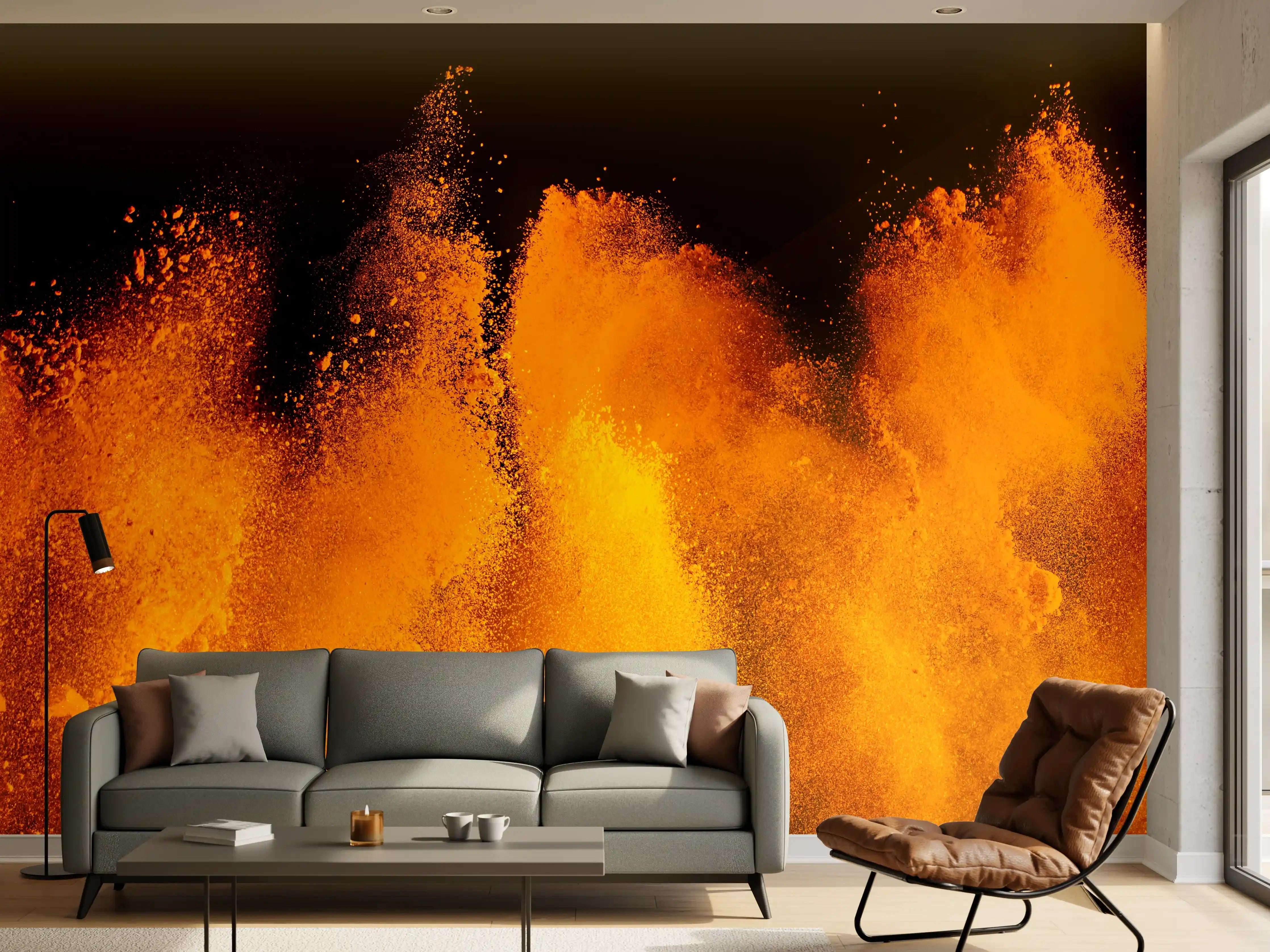 Wandverkleidung Wohnzimmer - Orange-Rote Holi Farbexplosion