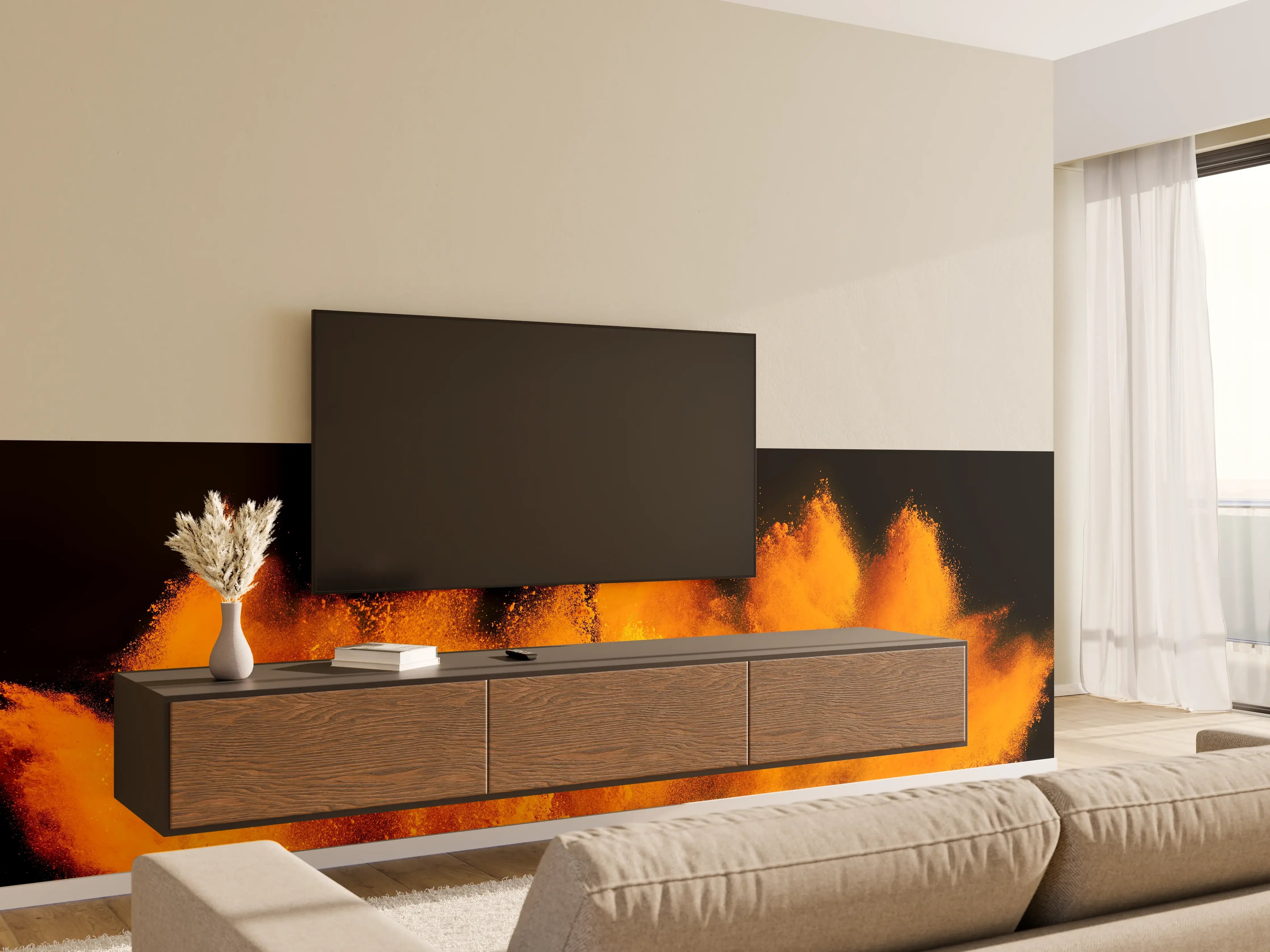 Wandverkleidung Wohnzimmer - Orange-Rote Holi Farbexplosion