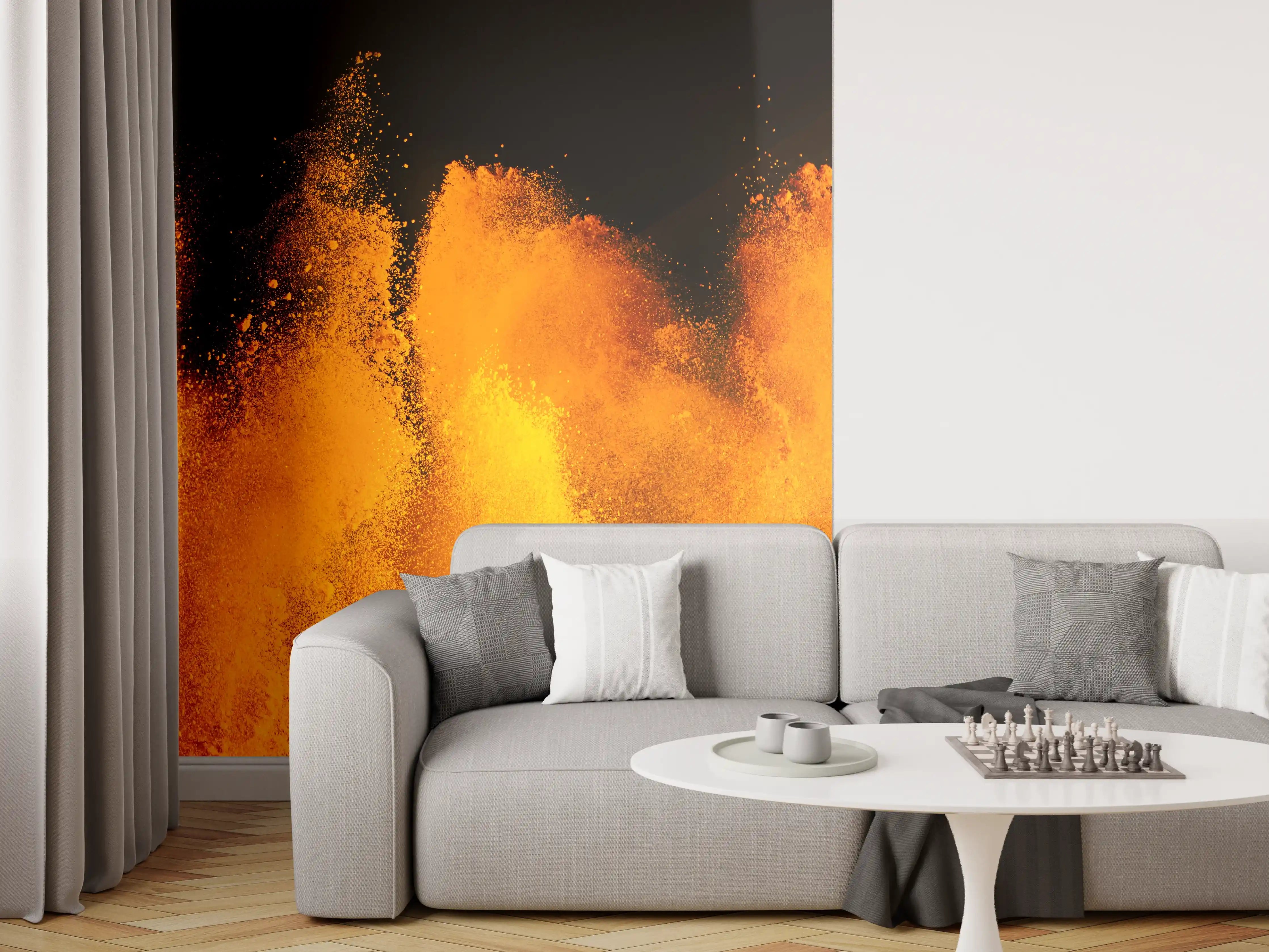 Wandverkleidung Wohnzimmer - Orange-Rote Holi Farbexplosion