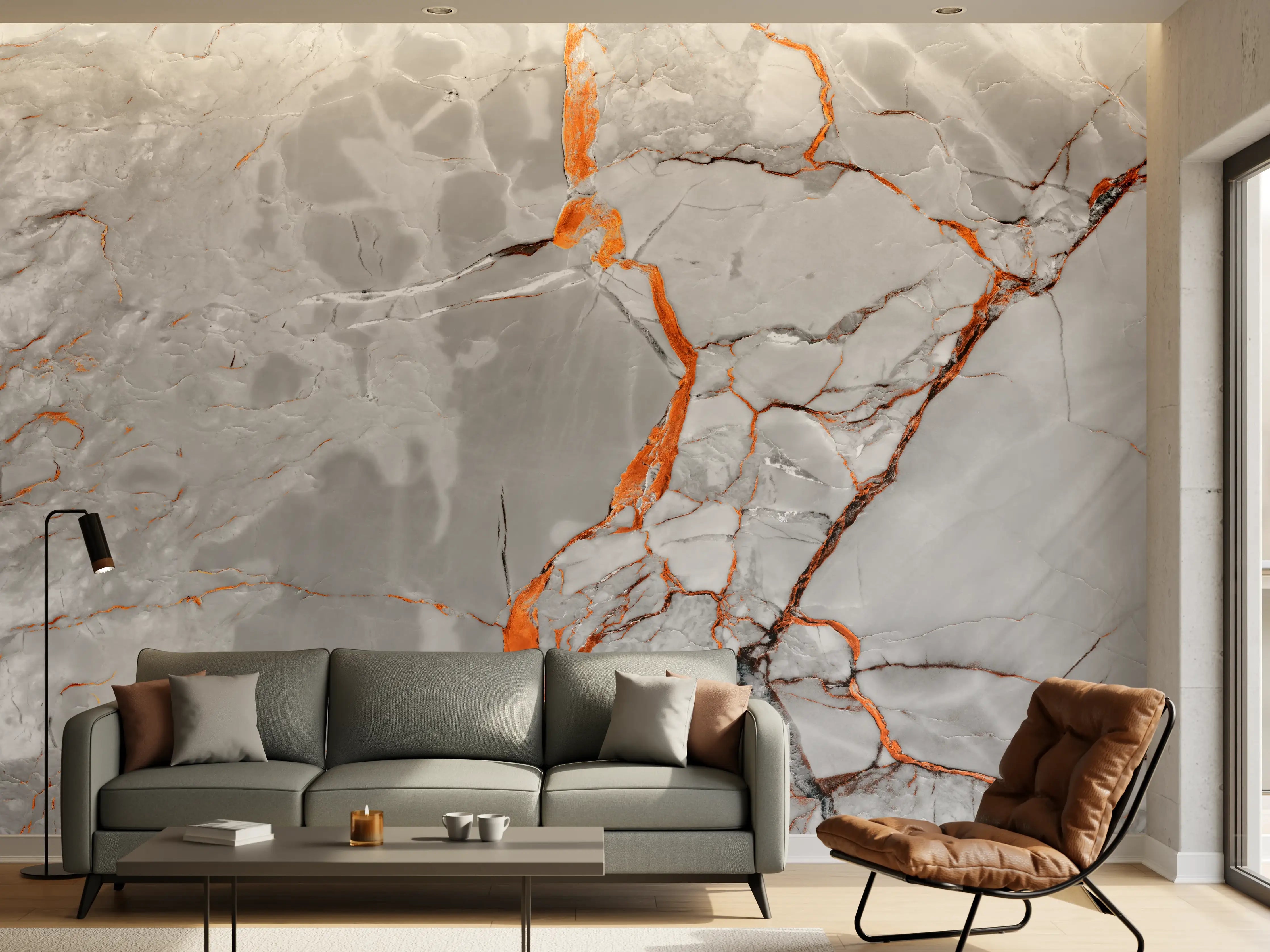 Wandverkleidung Wohnzimmer - Orange-Weiß natürliche Marmortextur