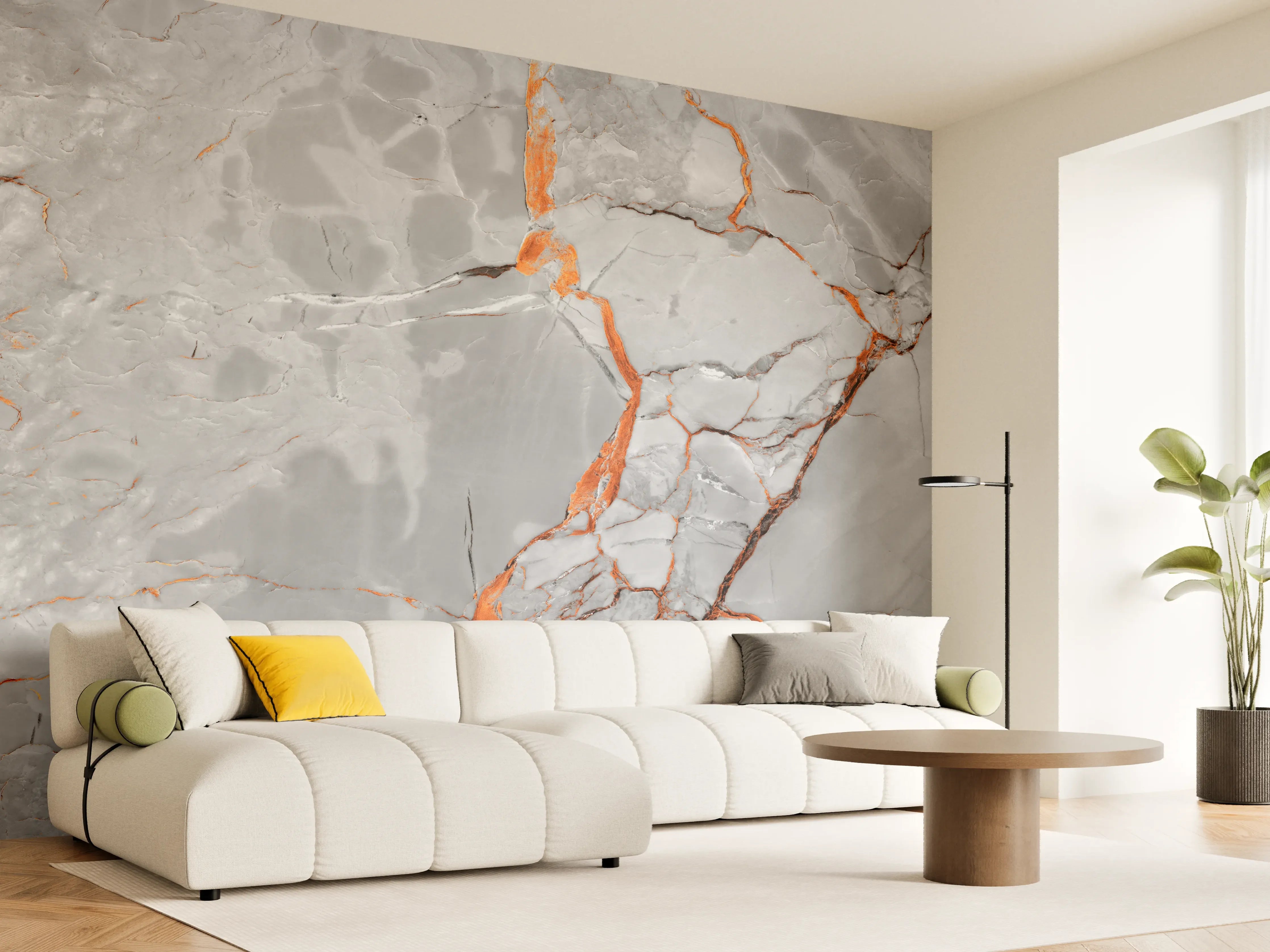Wandverkleidung Wohnzimmer - Orange-Weiß natürliche Marmortextur
