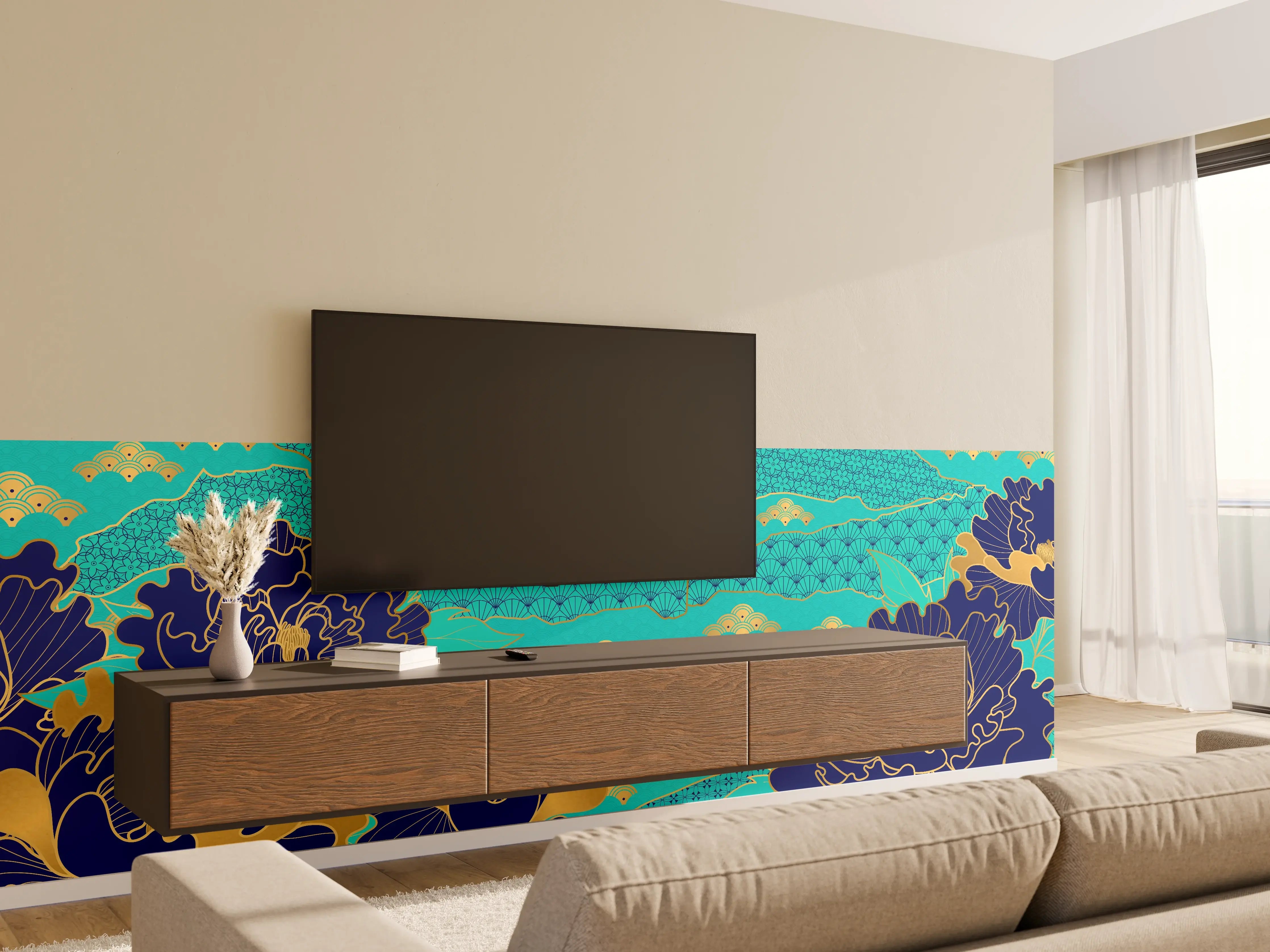 Wandverkleidung Wohnzimmer - Orientalisch-Blauer Blumen-Digitaldruck
