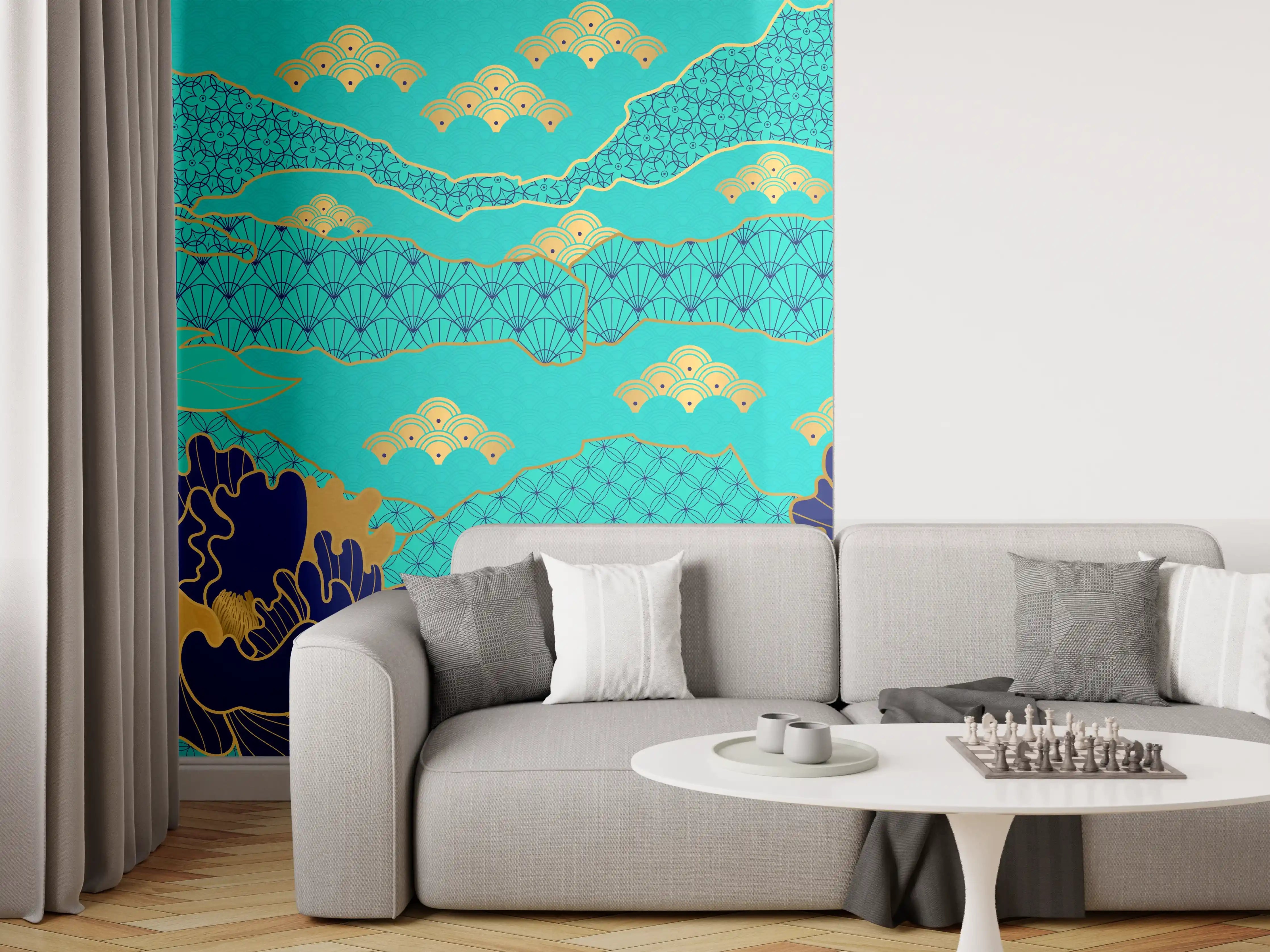 Wandverkleidung Wohnzimmer - Orientalisch-Blauer Blumen-Digitaldruck