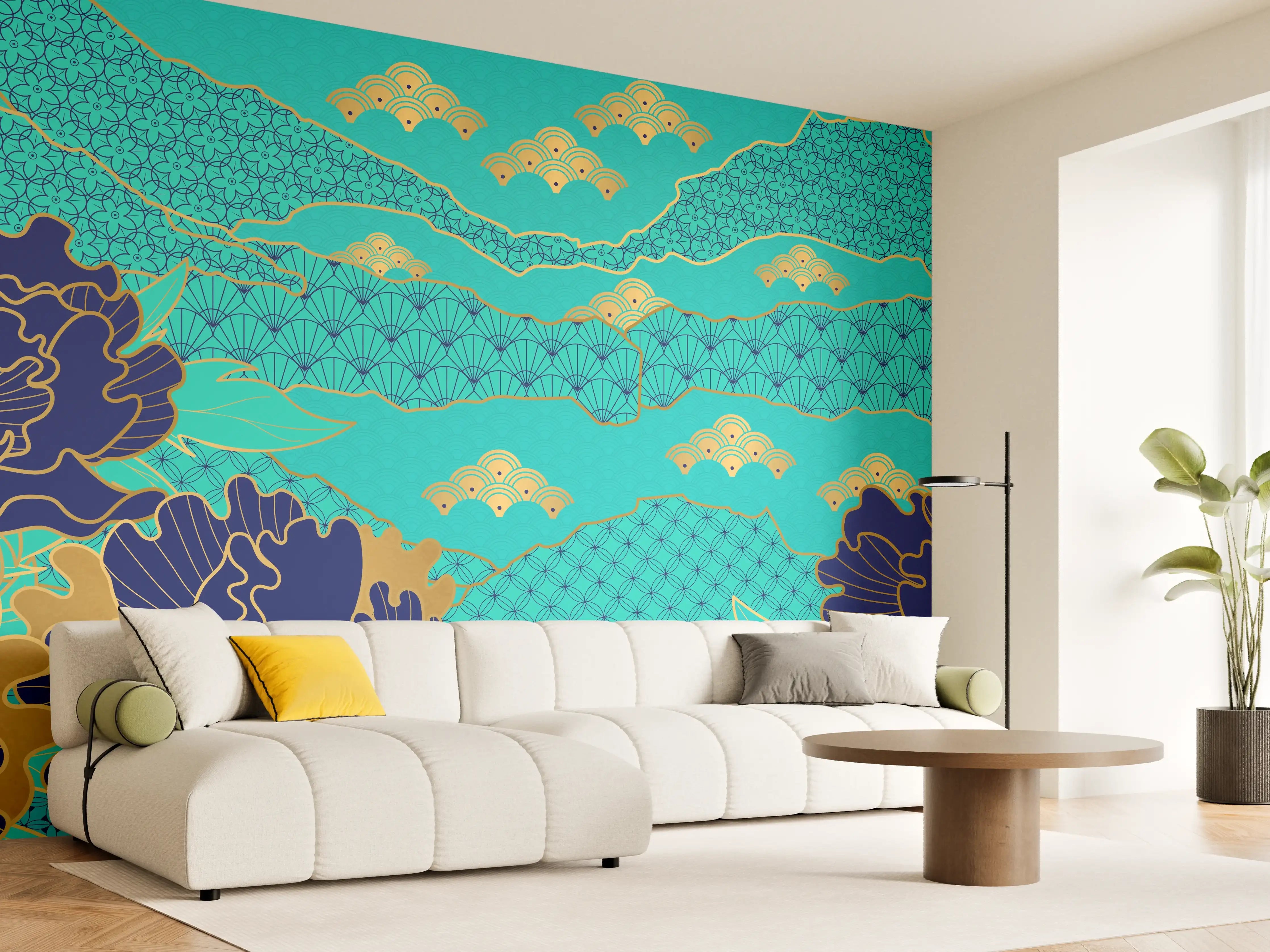 Wandverkleidung Wohnzimmer - Orientalisch-Blauer Blumen-Digitaldruck
