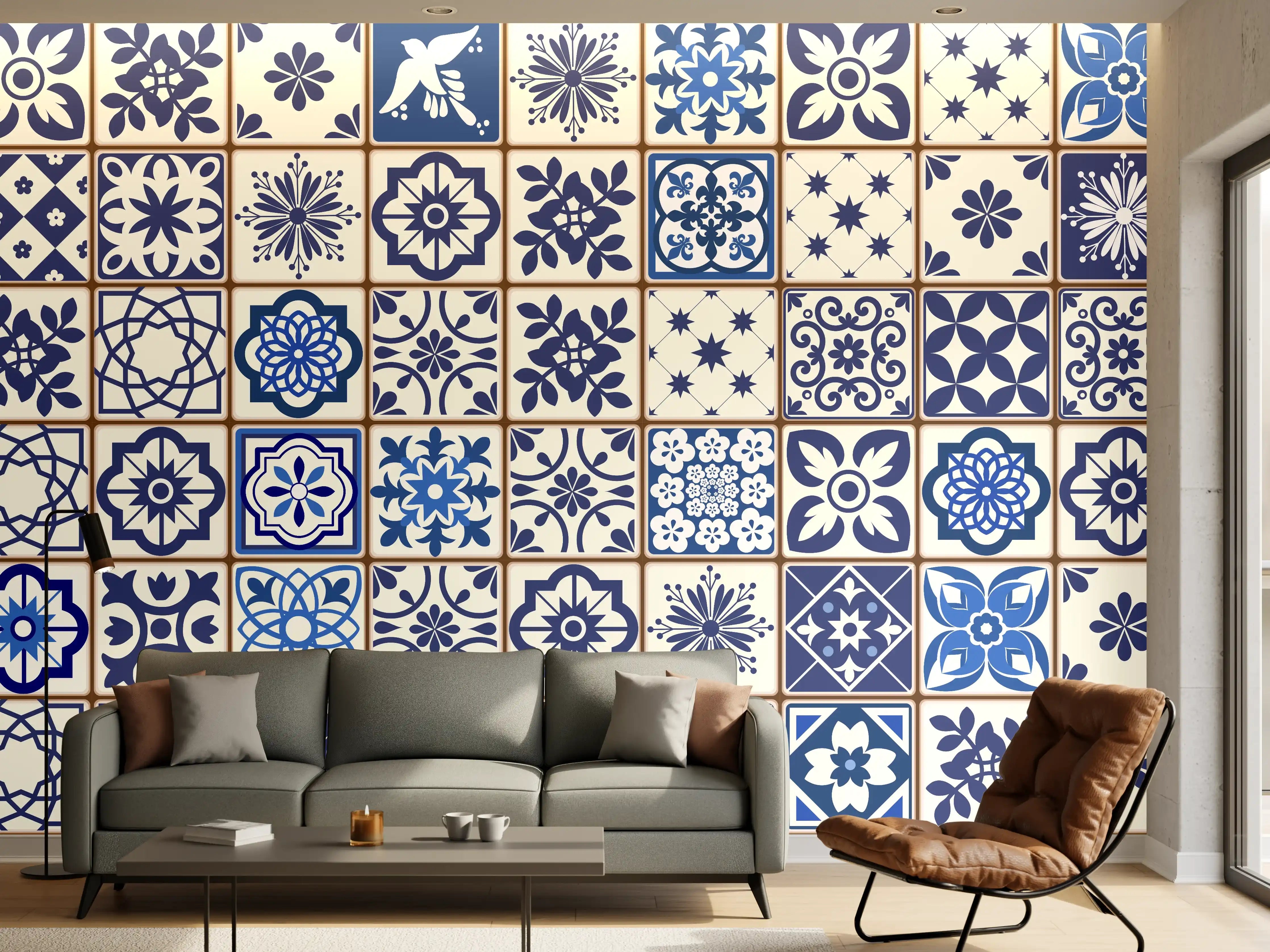 Wandverkleidung Wohnzimmer - Orientalische blaue Fliesen