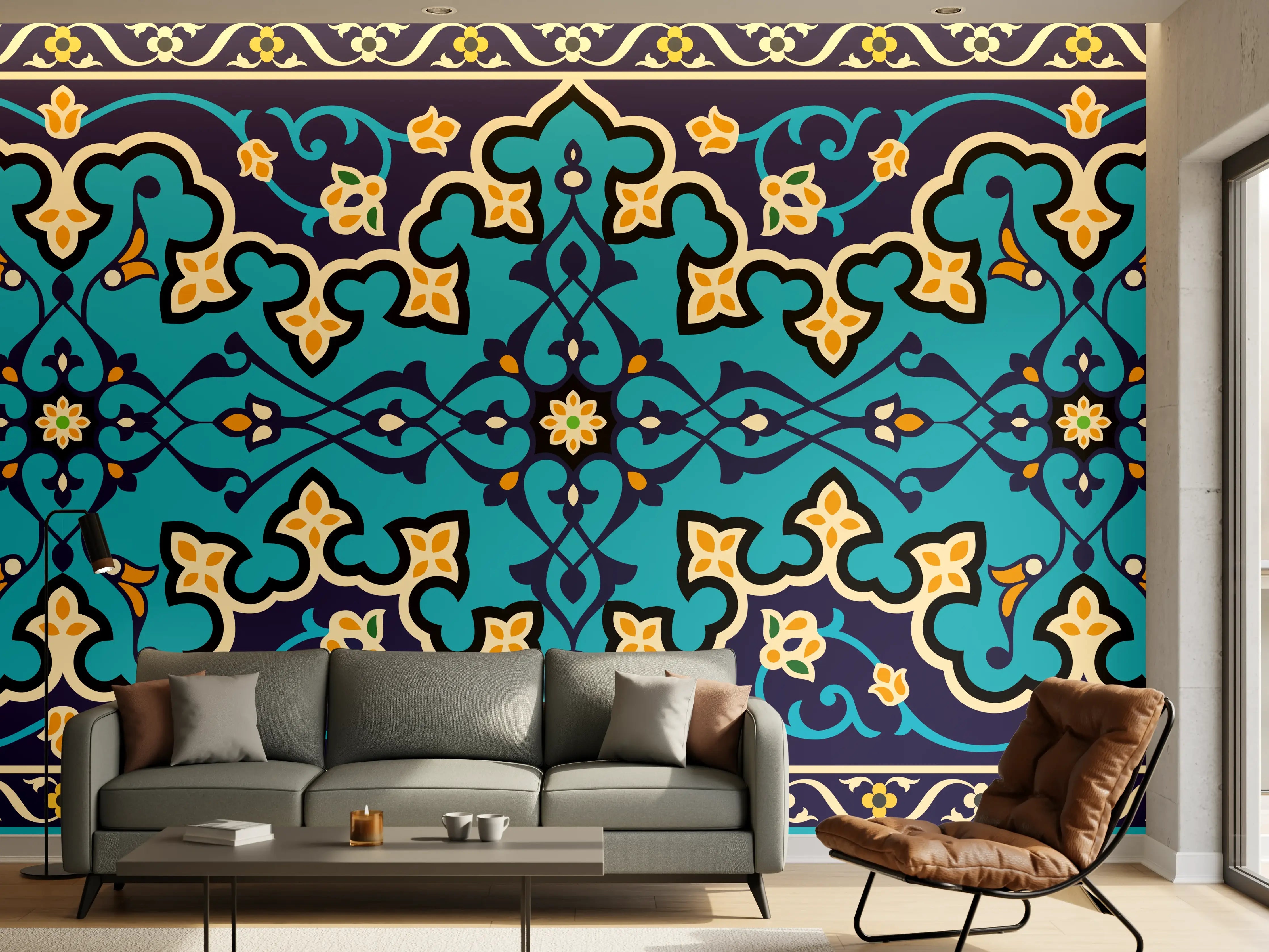 Wandverkleidung Wohnzimmer - Orientalisches Blau-Gold Muster