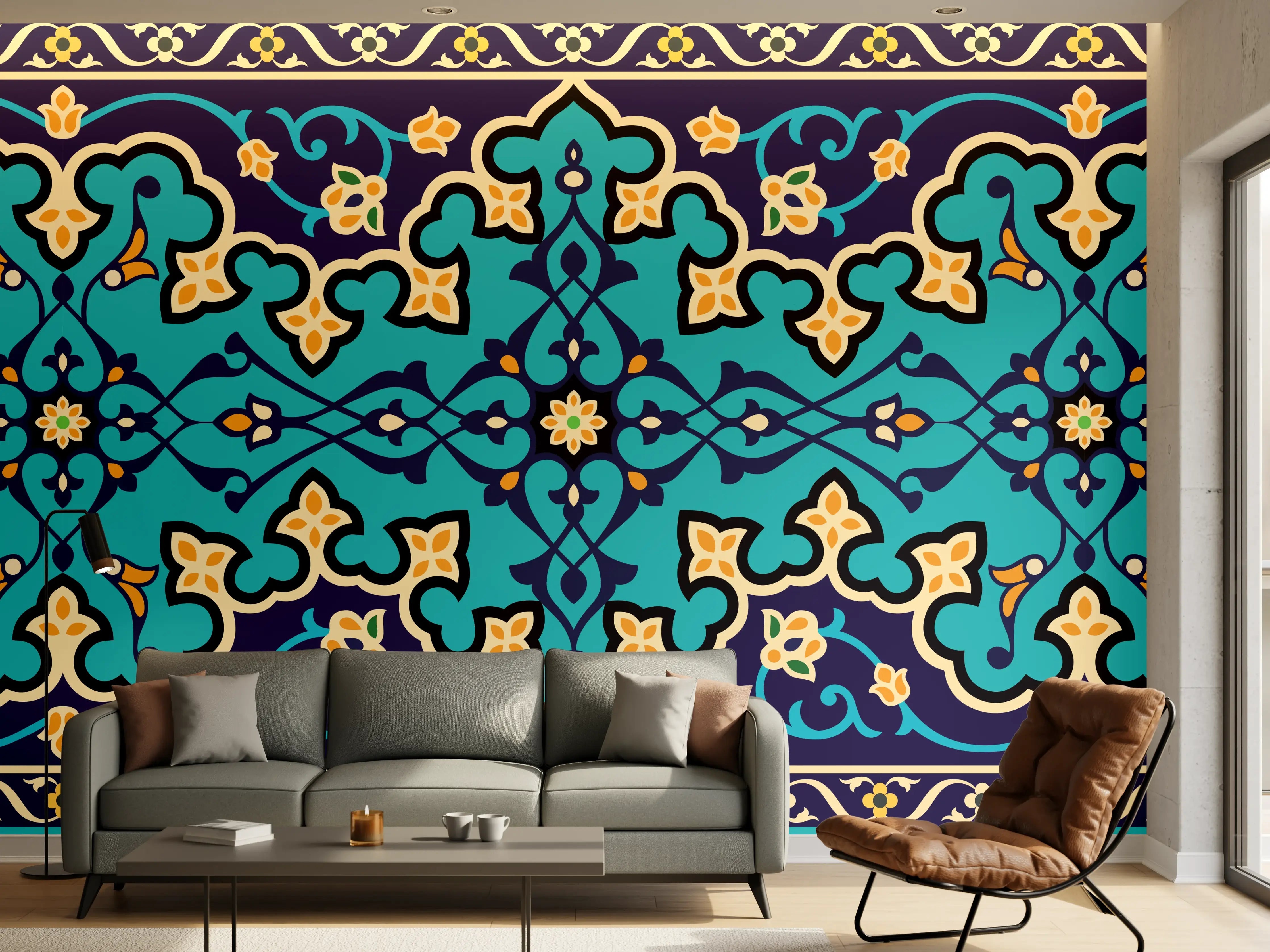 Wandverkleidung Wohnzimmer - Orientalisches Blau-Türkis Muster