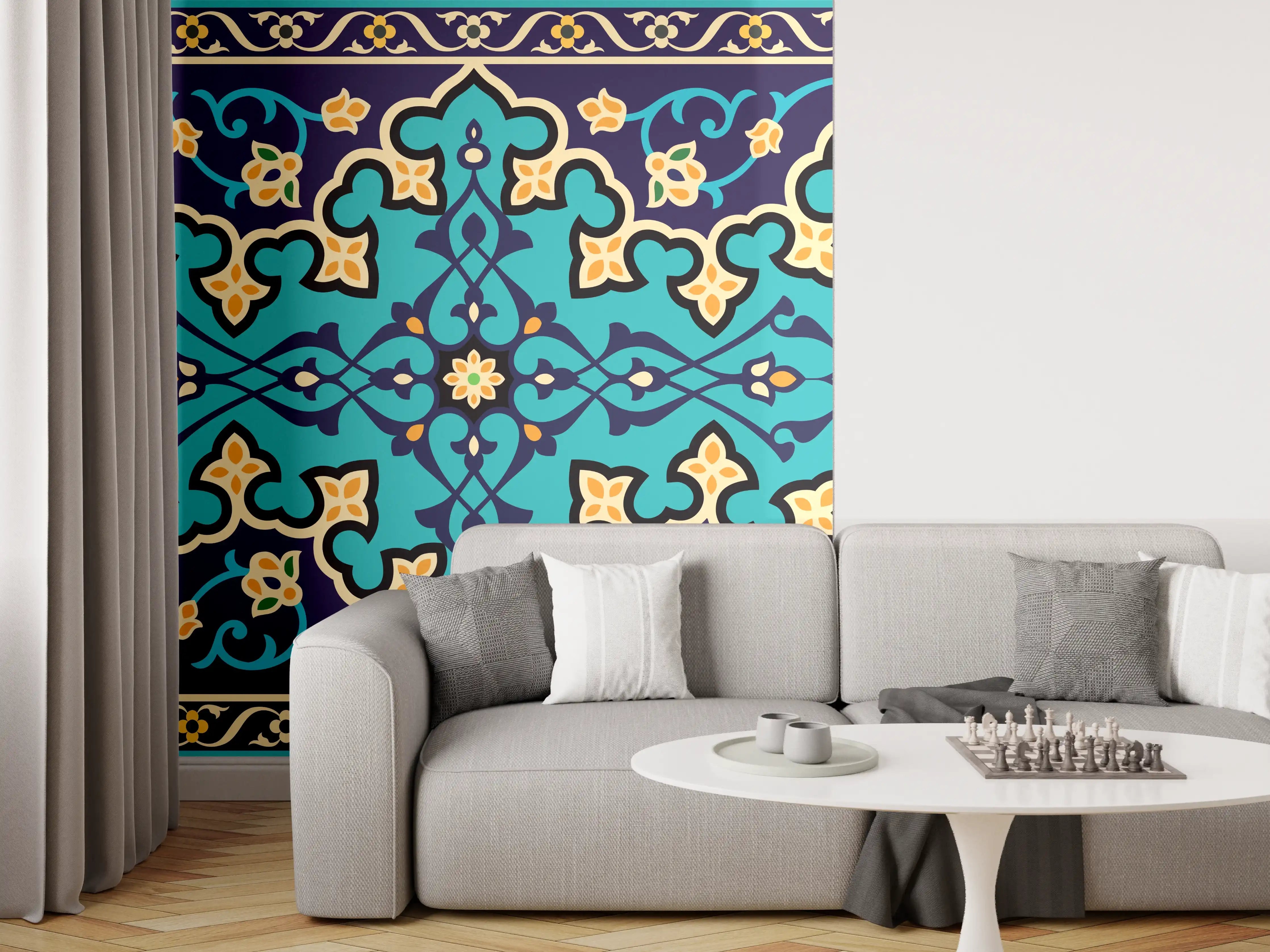 Wandverkleidung Wohnzimmer - Orientalisches Blau-Türkis Muster