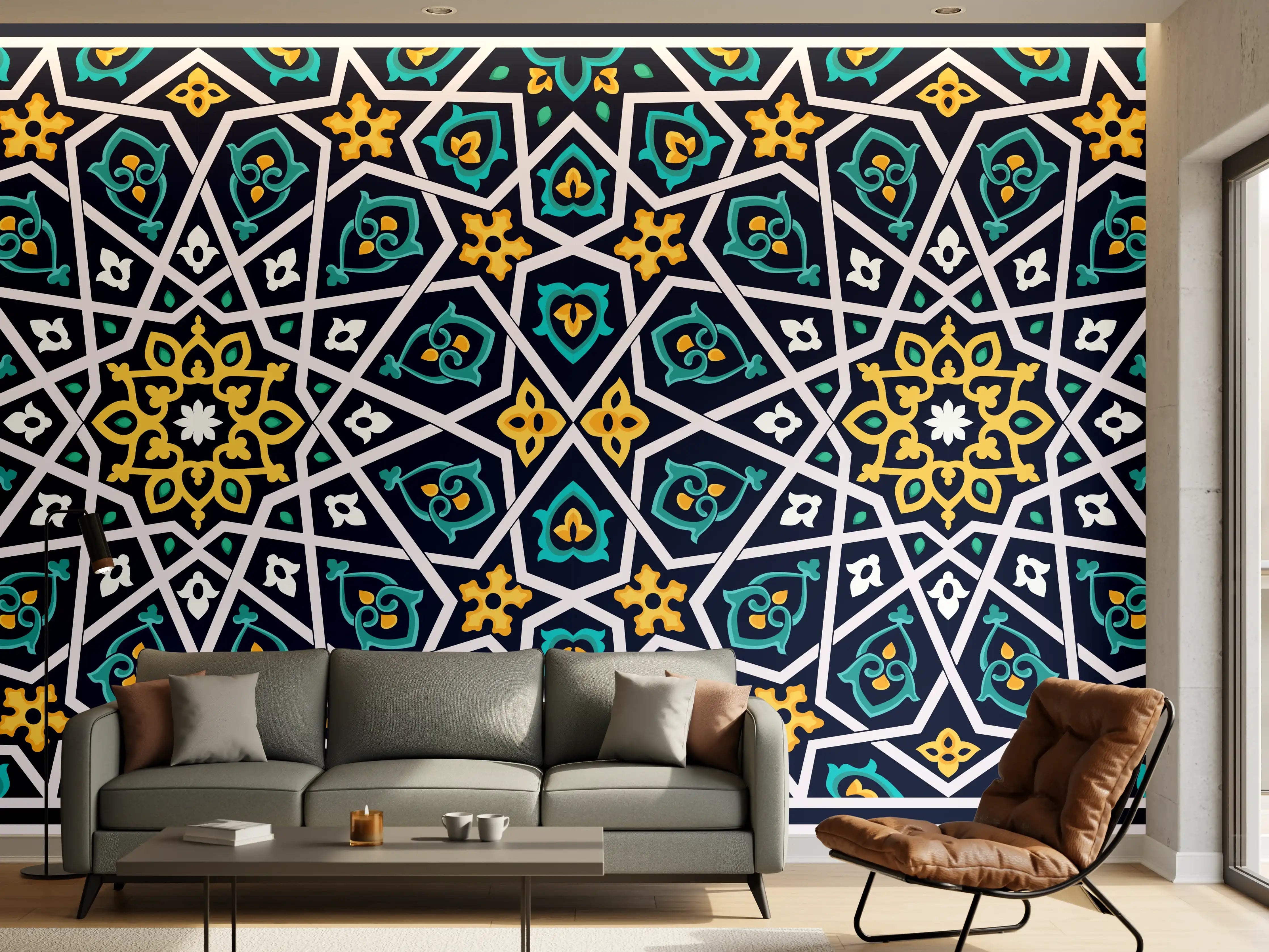 Wandverkleidung Wohnzimmer - Orientalisches Fliesenmuster Blau