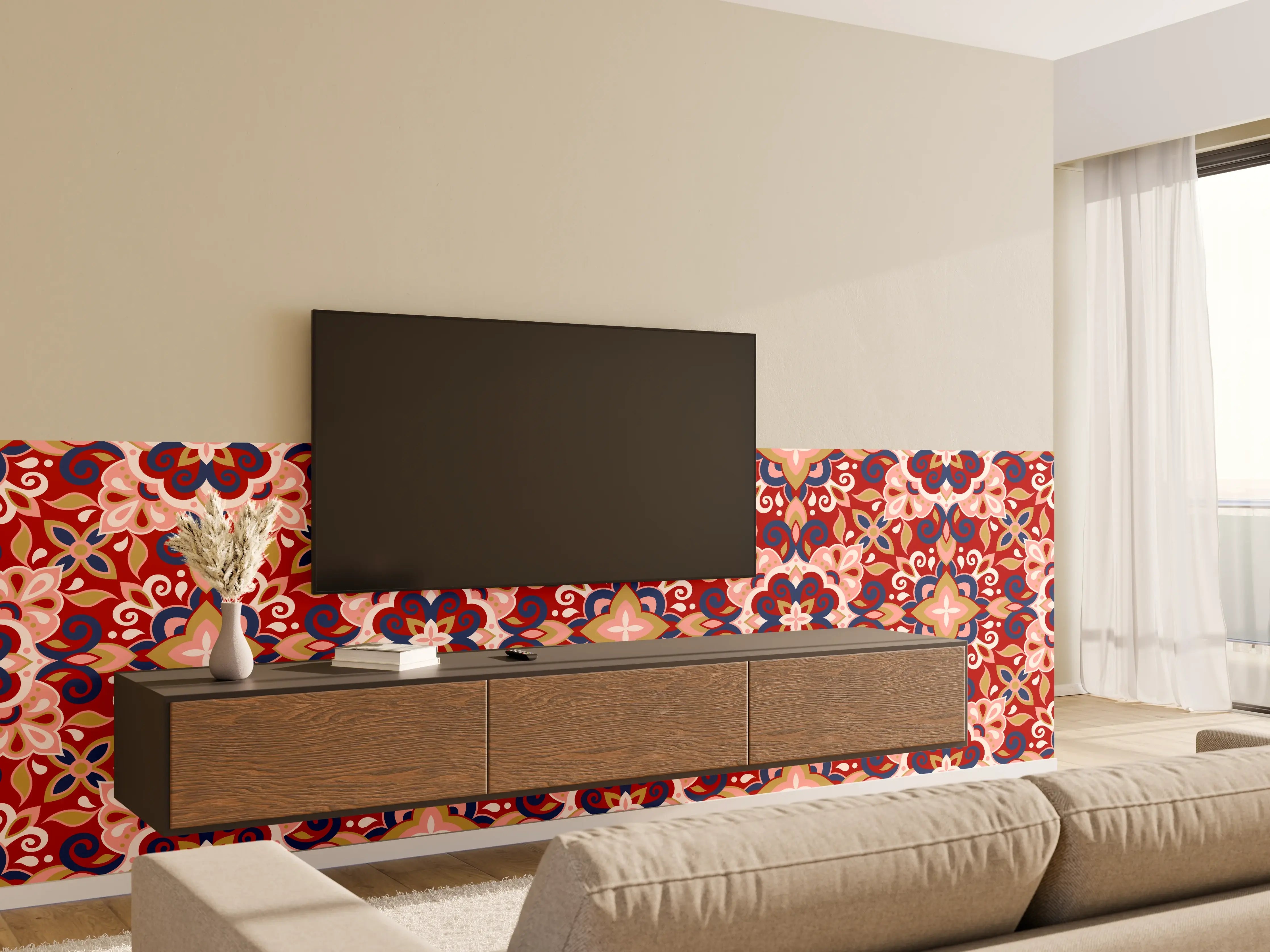 Wandverkleidung Wohnzimmer - Orientalisches Rot-Blau Muster