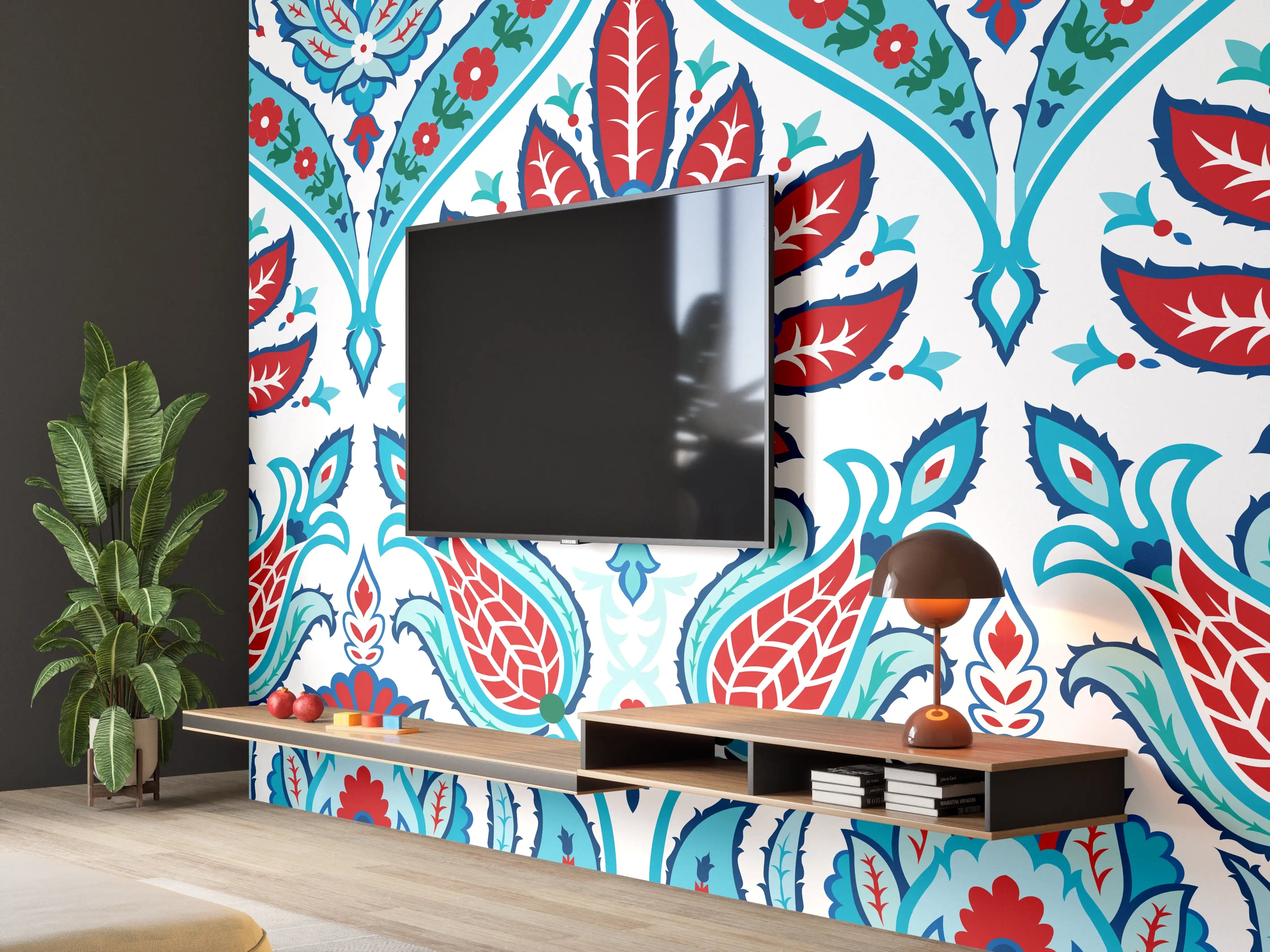 Wandverkleidung Wohnzimmer - Orientalisches Türkis-Rot Druckmuster