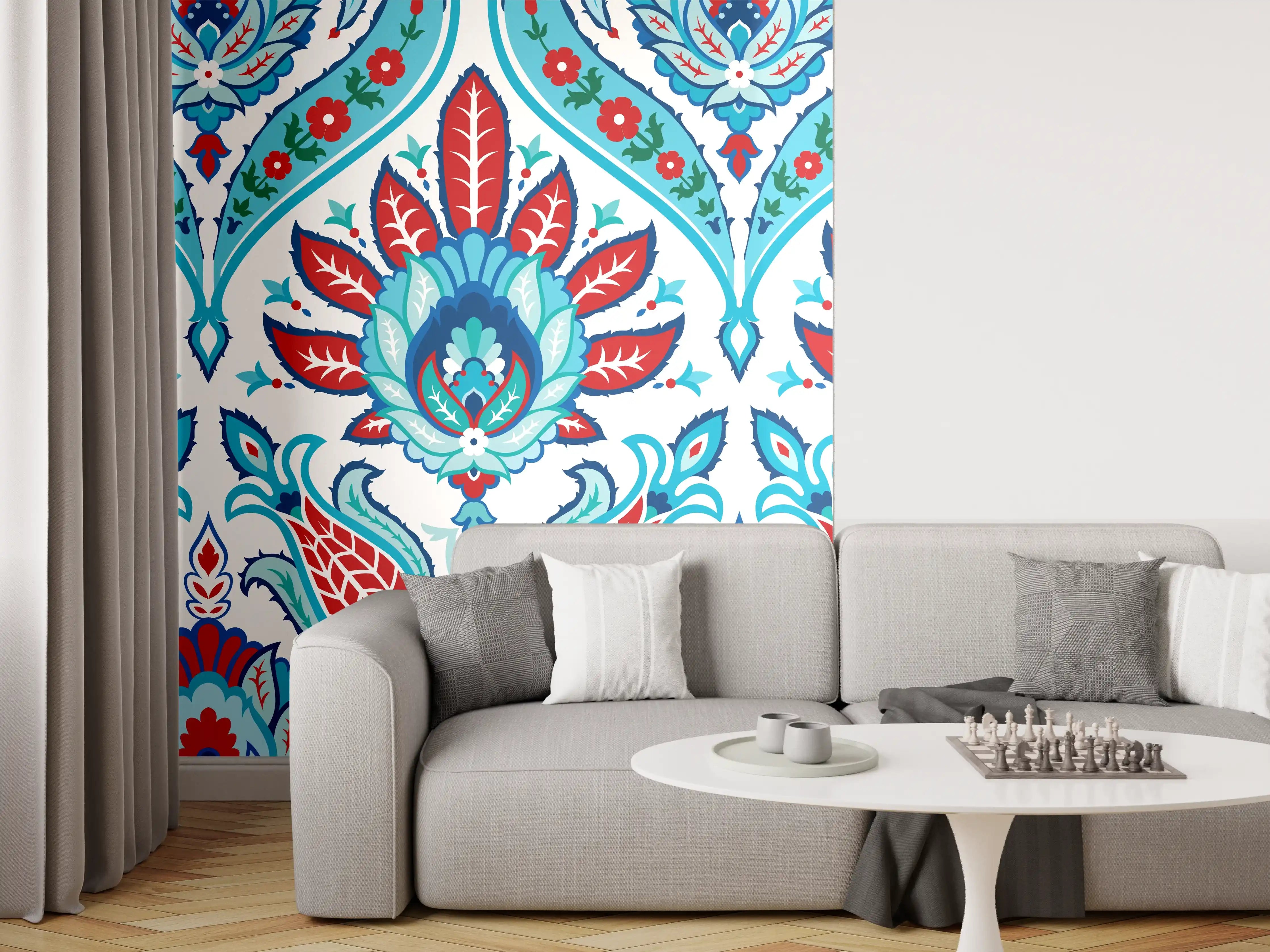 Wandverkleidung Wohnzimmer - Orientalisches Türkis-Rot Druckmuster