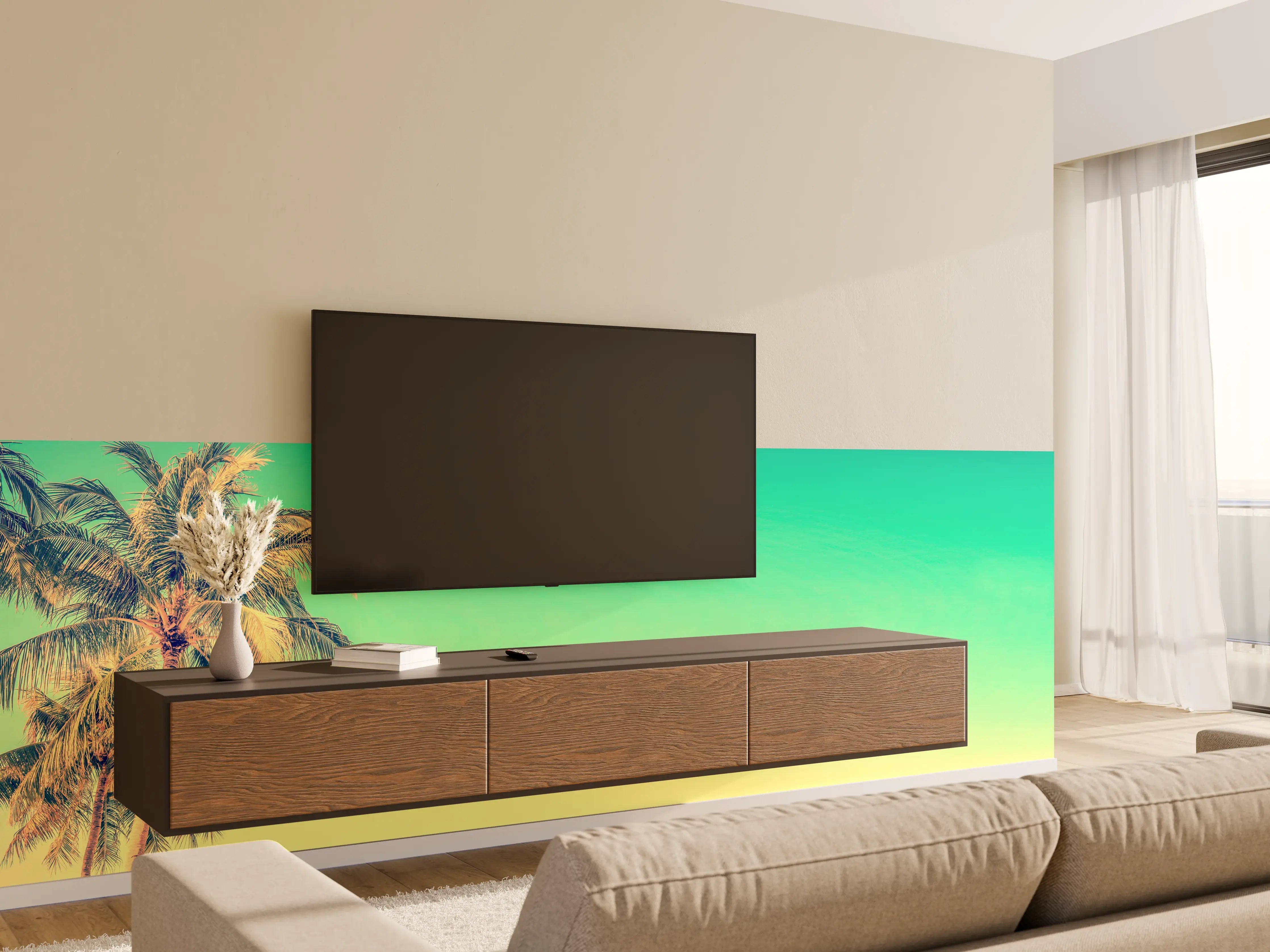Wandverkleidung Wohnzimmer - Palme im Panorama-Himmel
