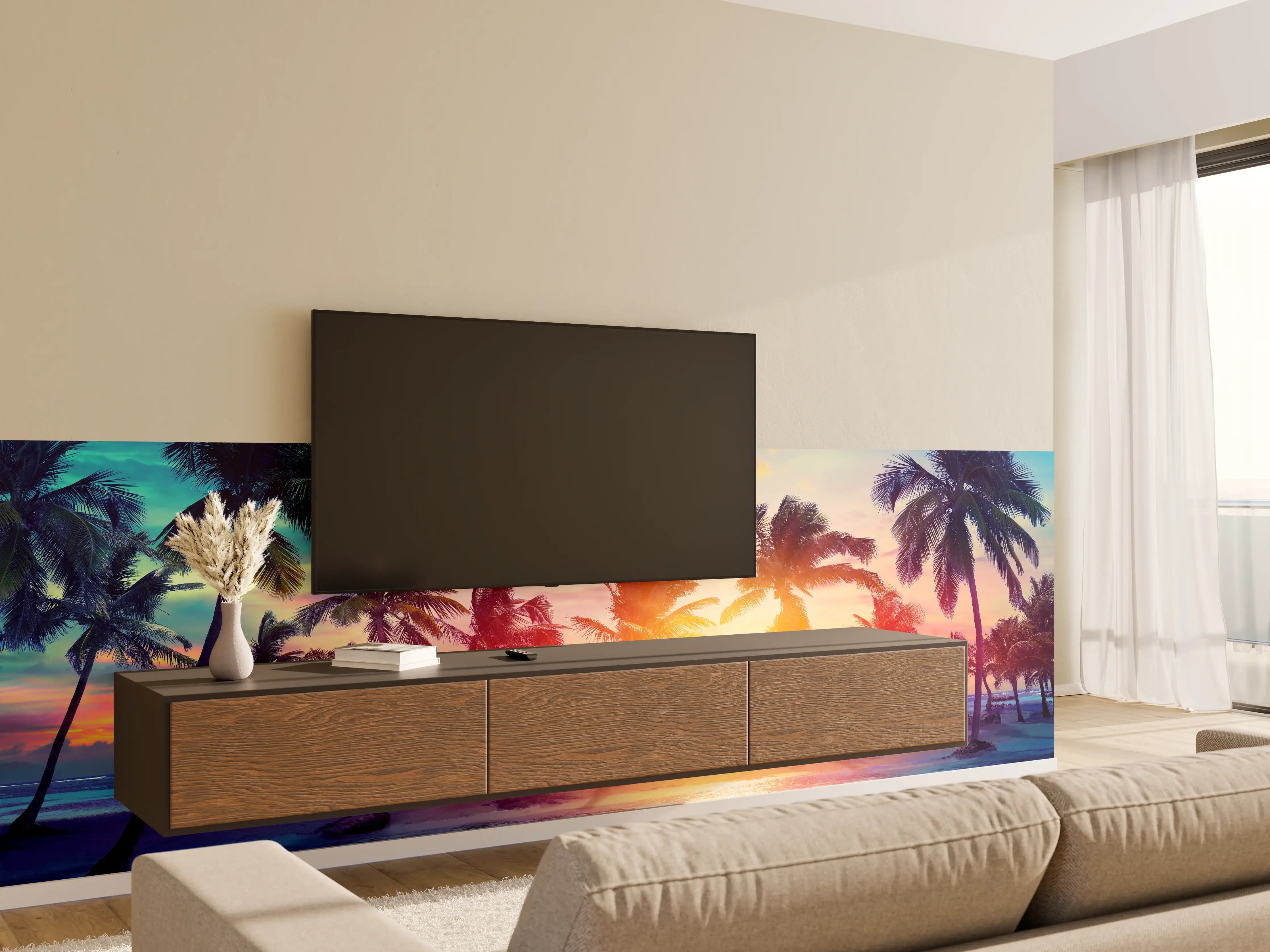 Wandverkleidung Wohnzimmer - Palmen Silhouetten - Karibik