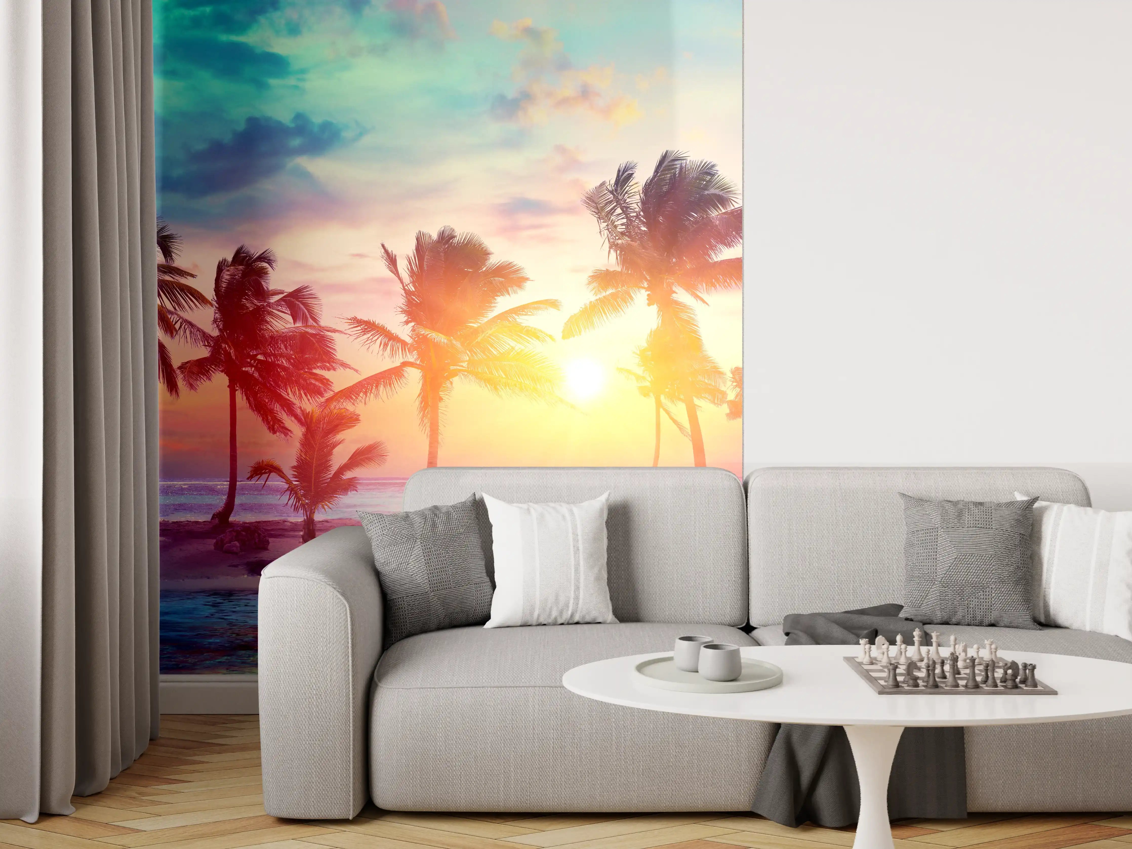 Wandverkleidung Wohnzimmer - Palmen Silhouetten - Karibik