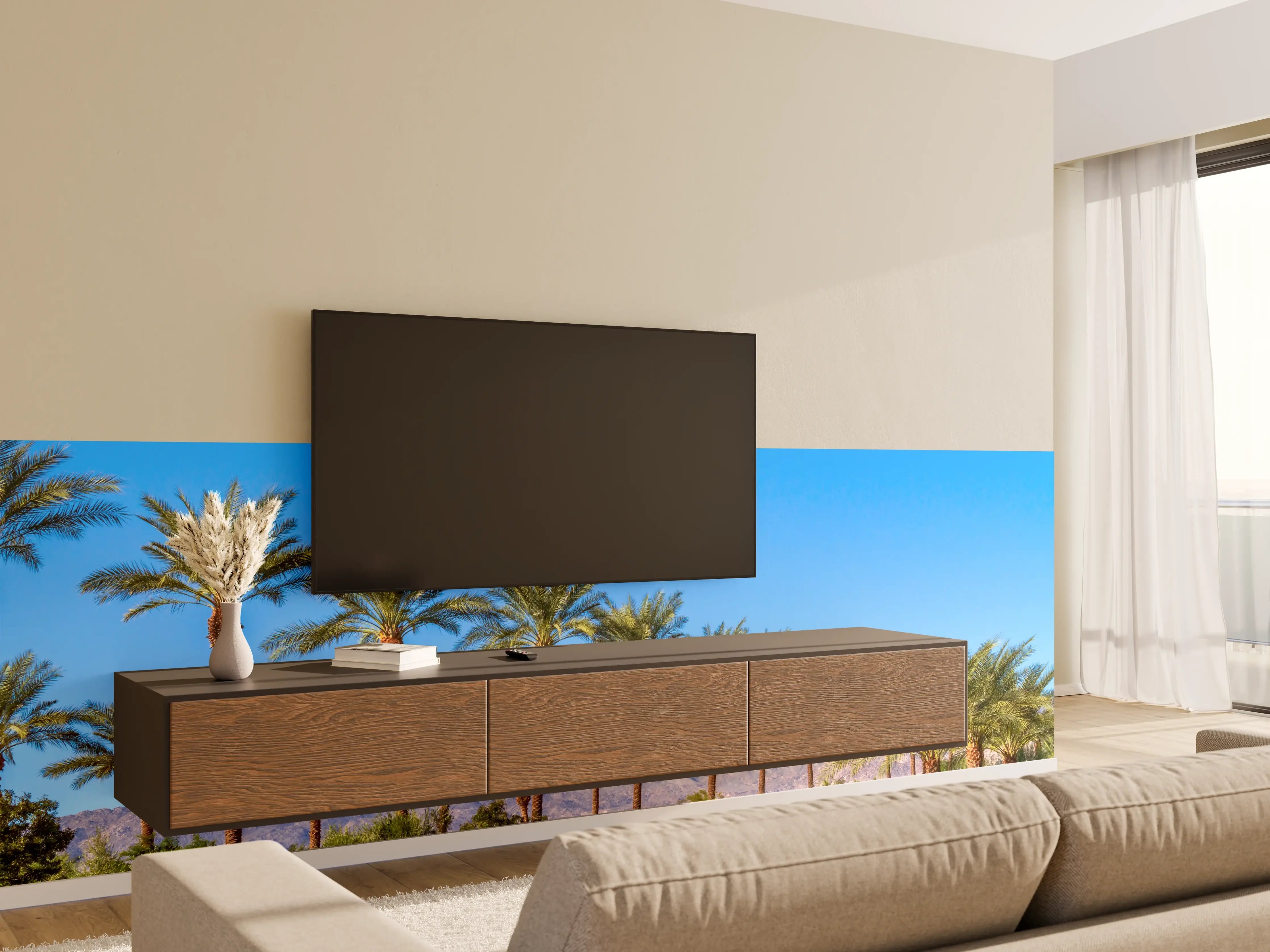 Wandverkleidung Wohnzimmer - Palmenlandschaft in Wüstenregion