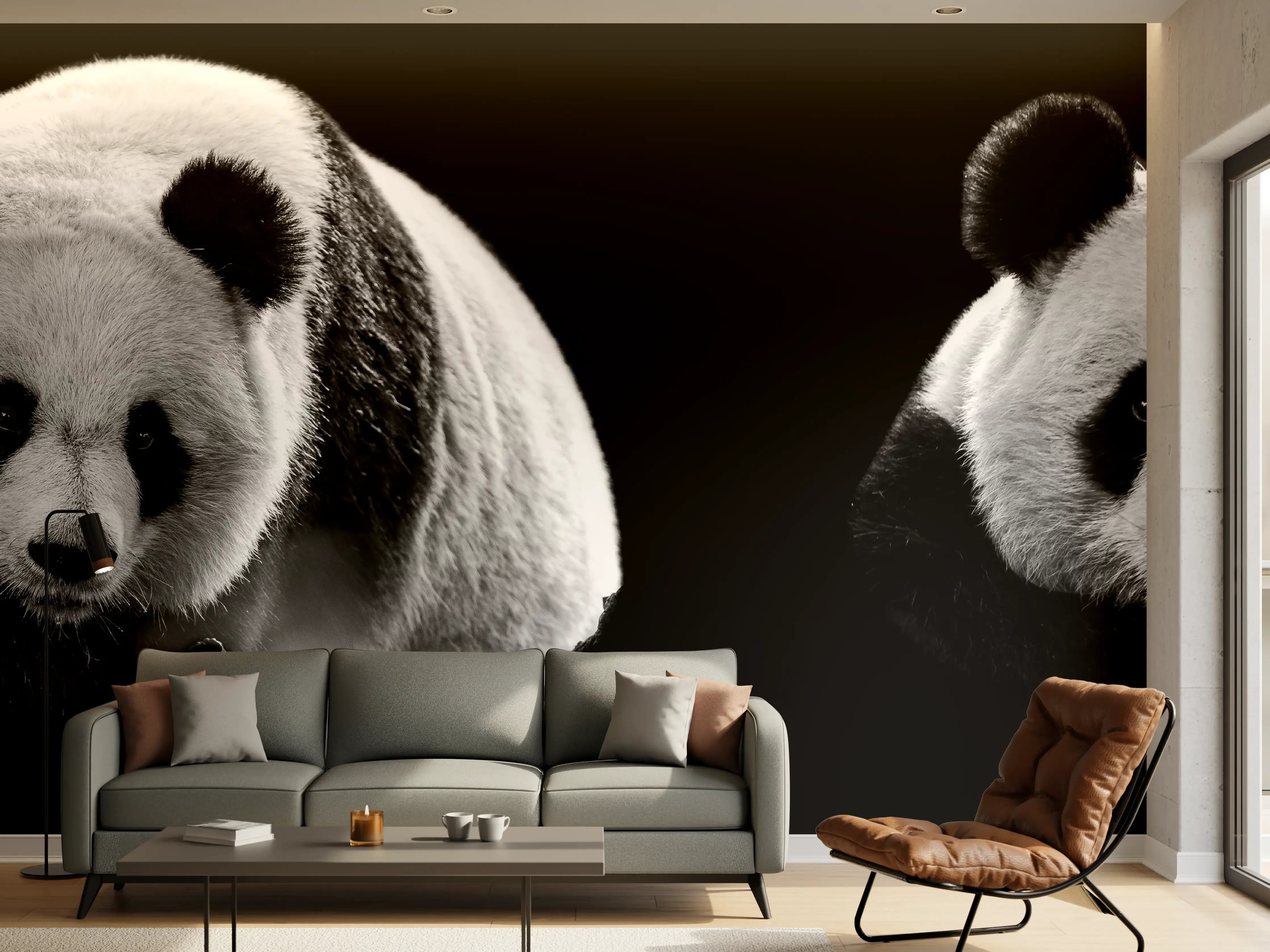 Wandverkleidung Wohnzimmer - Panda mit schwarzem Hintergrund