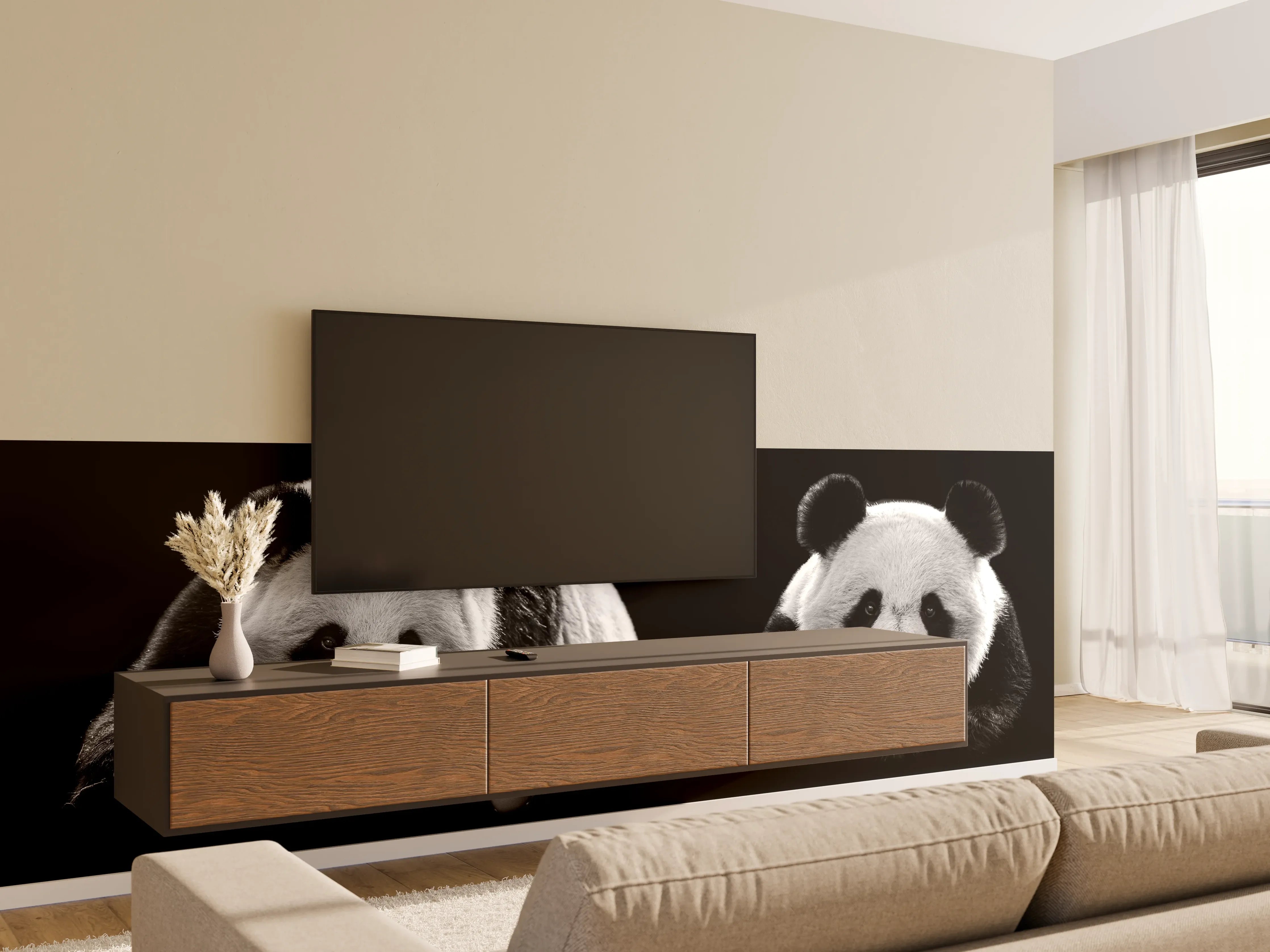 Wandverkleidung Wohnzimmer - Panda mit schwarzem Hintergrund